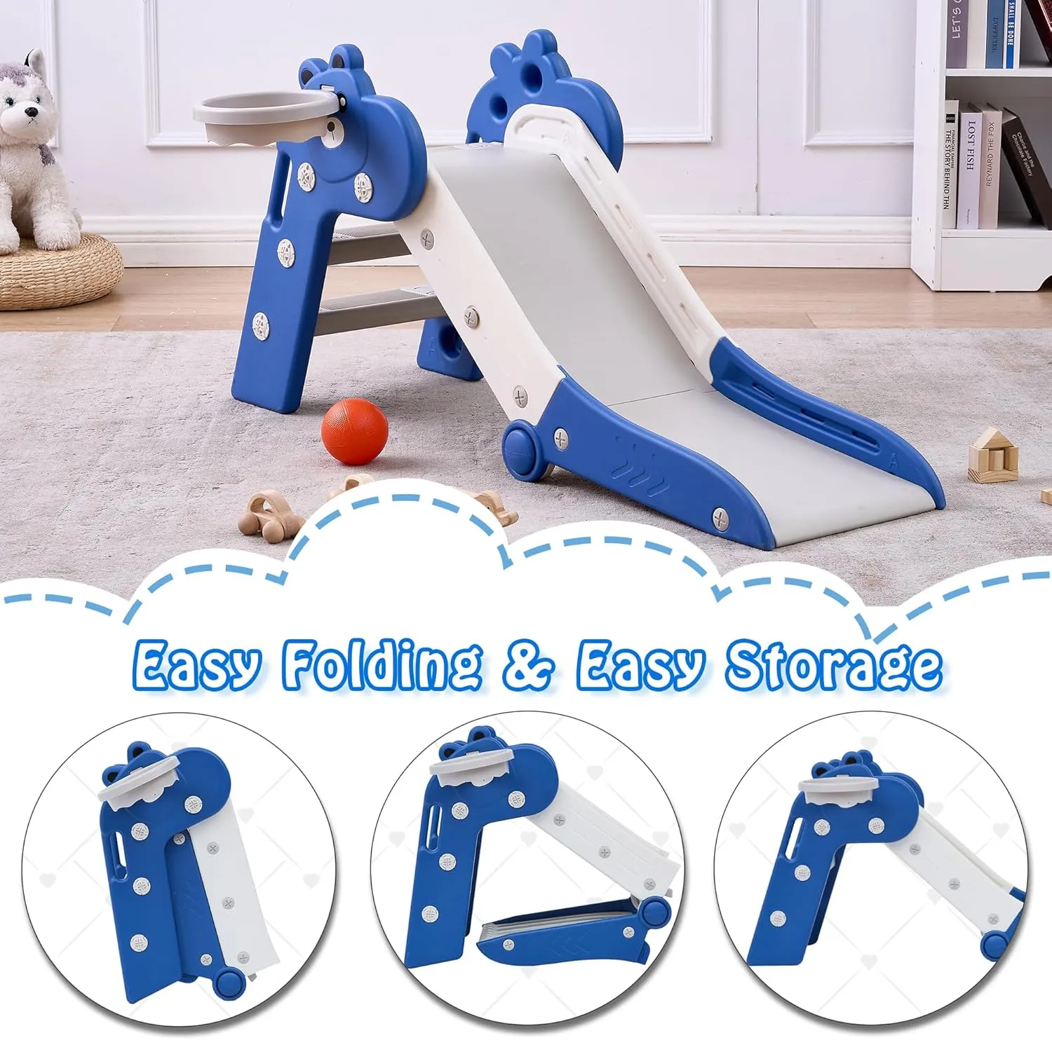 Toddler Slide Foldable Slides for Toddlers Slider for Kids Indoor Playset Baby Plastic Playground with Basketball Hoop and Ball