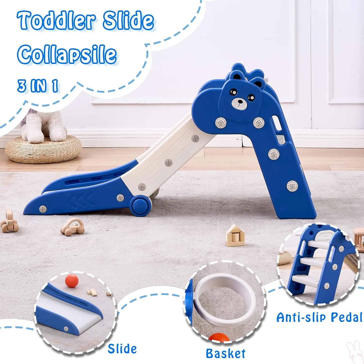 Toddler Slide Foldable Slides for Toddlers Slider for Kids Indoor Playset Baby Plastic Playground with Basketball Hoop and Ball