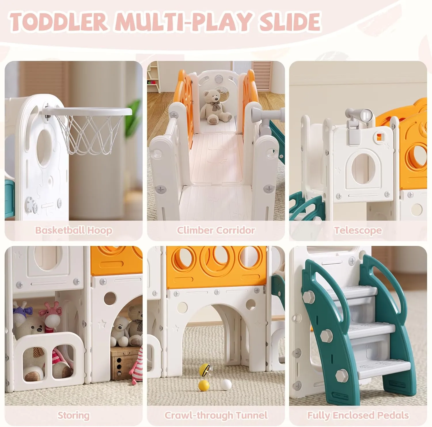 Toddler Slide Kids Slide for Baby Outdoor Indoor Playset for Toddlers with Basketball Hoop Set Telescope for Backyard Playground