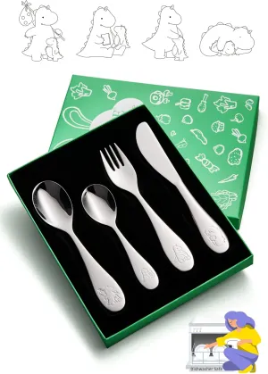 Toddlers Silverware Set, 18/10 Stainless Steel Safe Kids Silverware, Cute Baby Utensils Reusable Metal Mirror Polished Child Flatware Cutlery Includes Fork Spoon Knife for Eating, 4 Pieces