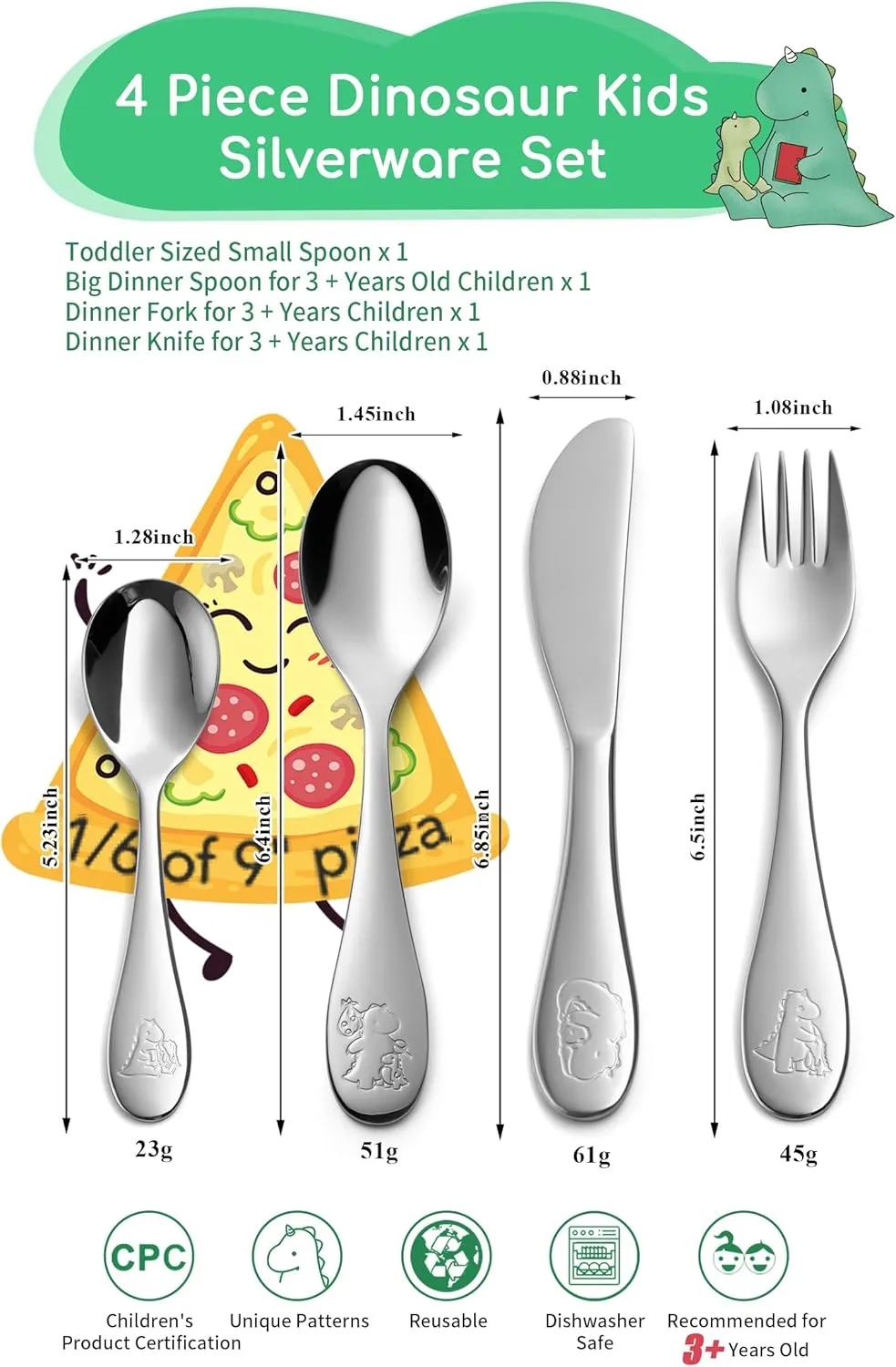Toddlers Silverware Set, 18/10 Stainless Steel Safe Kids Silverware, Cute Baby Utensils Reusable Metal Mirror Polished Child Flatware Cutlery Includes Fork Spoon Knife for Eating, 4 Pieces