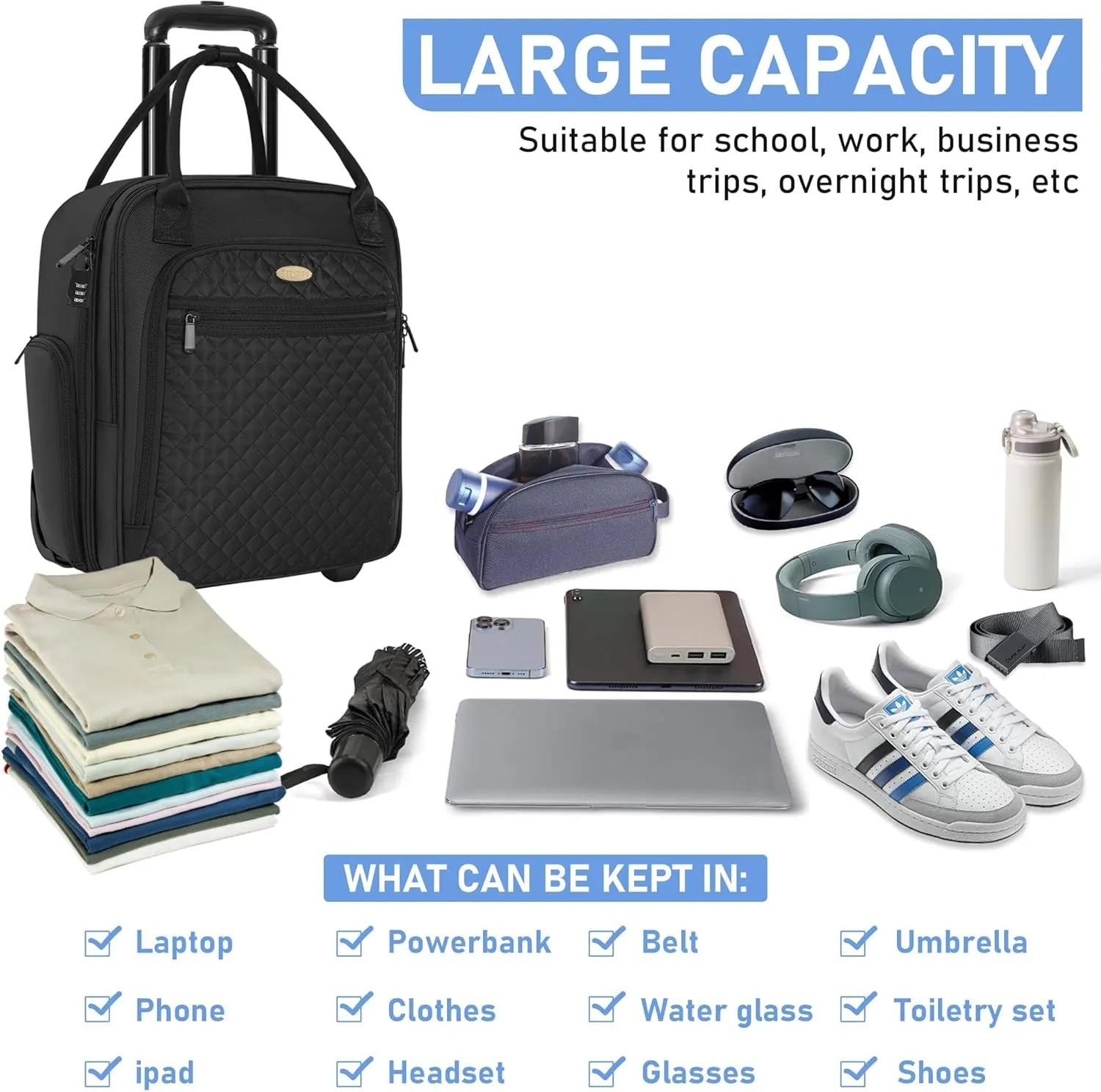 TORIBIO Carry on Underseat with Wheels, 16.5inch Lightweight Overnight Luggage Bag Carry-On Suitcase for Men Women Travel Business, Black