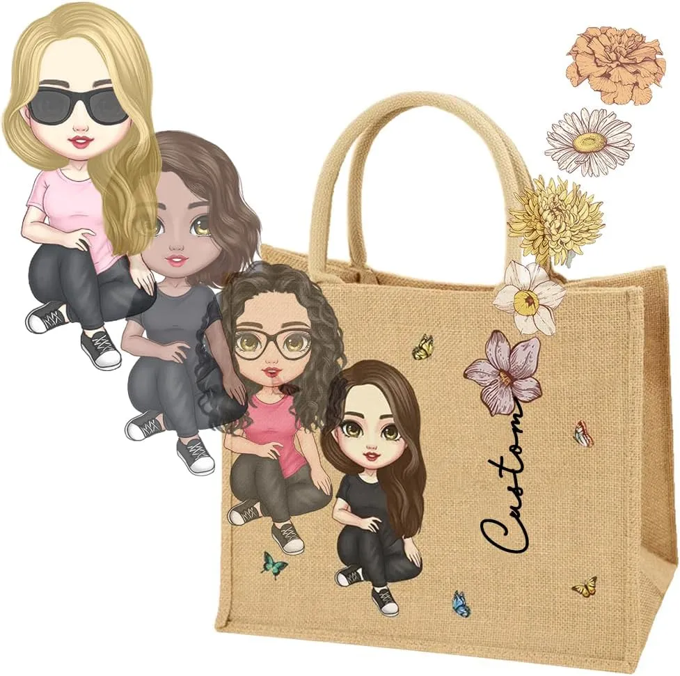 Tote Bag for Women Personalized, Custom Cartoon Character & Birth Flower & Name on Beach Jute Tote Bags, Gifts for Mother's Day, Wedding, Birthday