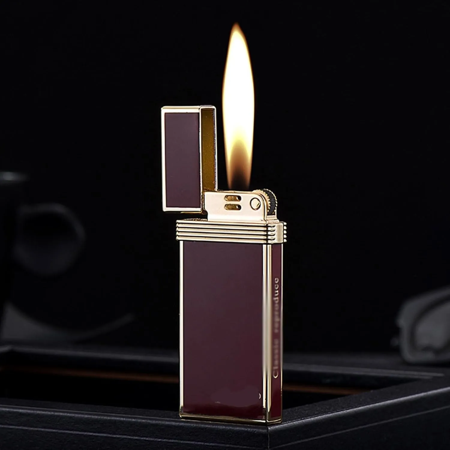 Traditional Soft Flame Lighters Butane Lighter Gas Refillable Open Flame Lighter， Wheel Flint Lighter with Gift Box 【Butane Not Included】(Color:Red)
