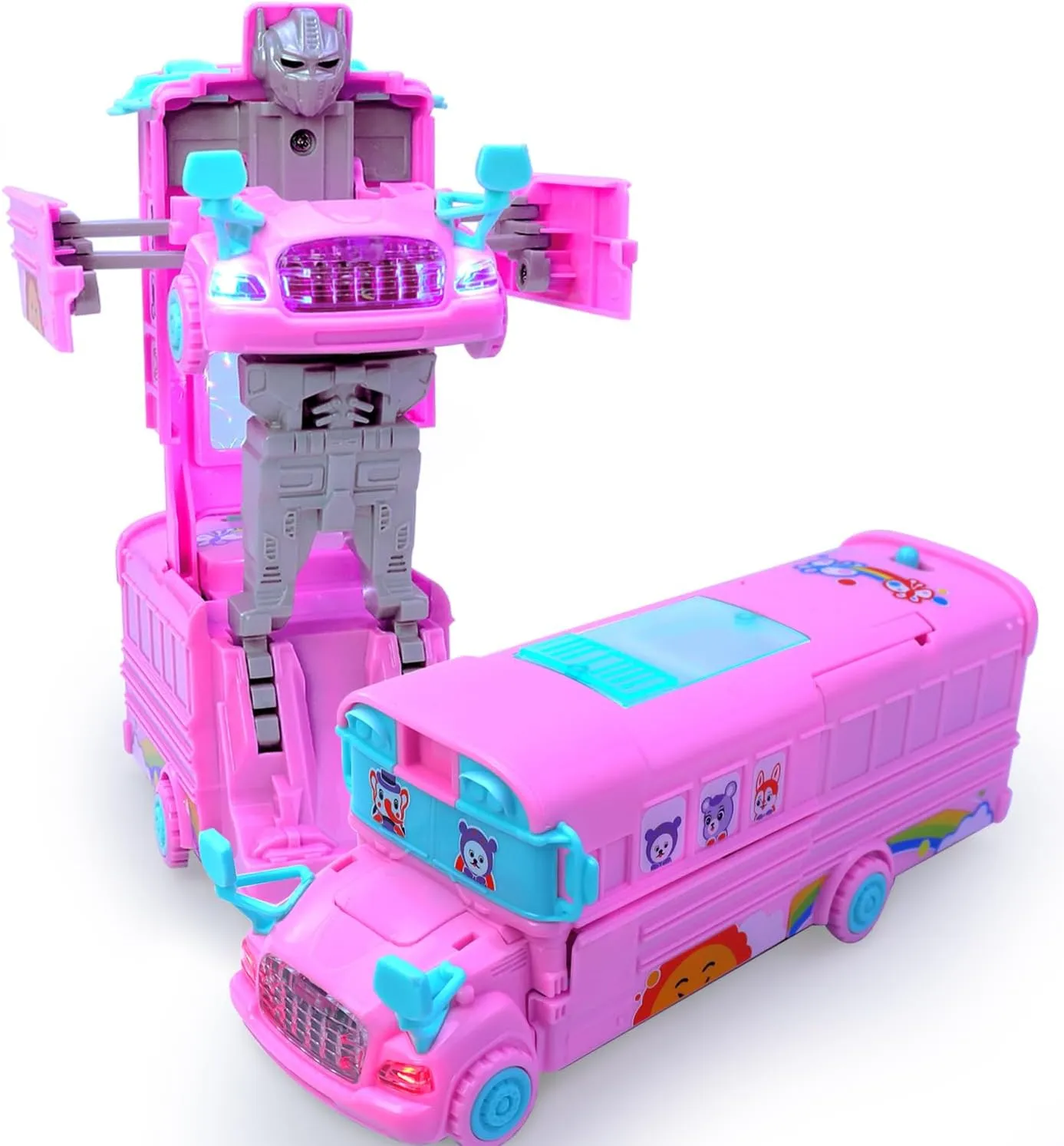Transforming Car Toys for Girls 3 4 5-7 8 Year Old, 9"Smart Bus Toy Cars for Kids with LED Light and Music Transform, Race Car to Robot Toy for Boys Kids Toddles Christmas Birthday Gifts (Pink)