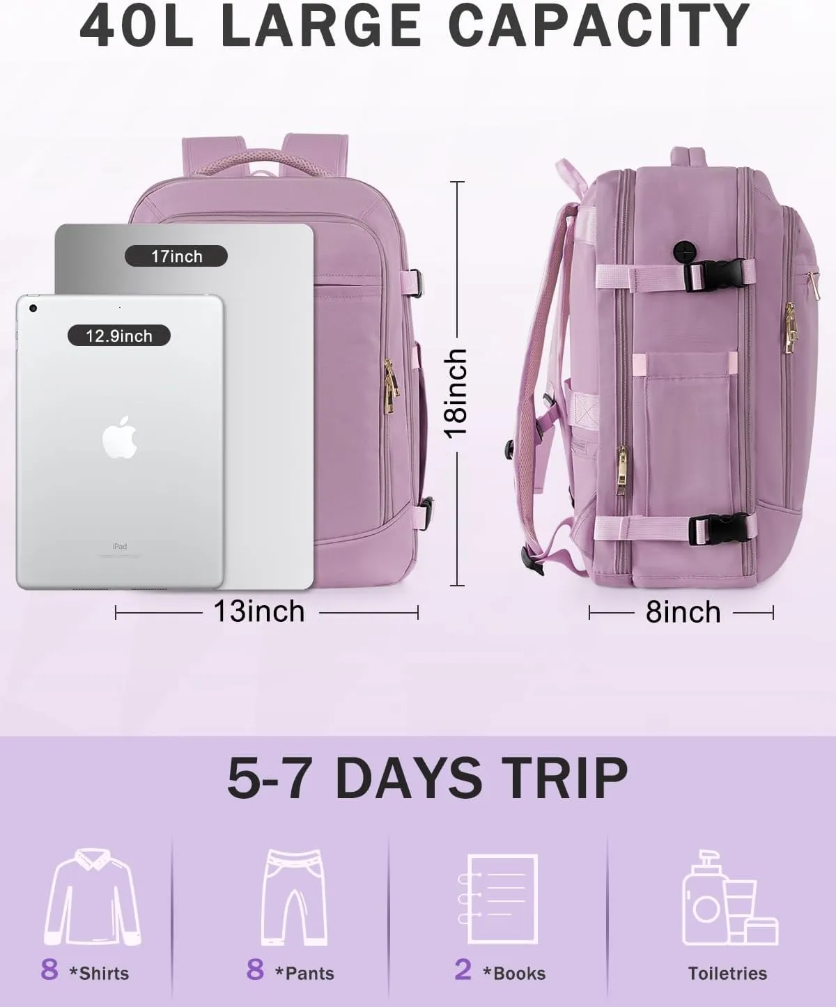 Travel Backpack for Women Men, 40L Carry on Flight Approved Backpack, Personal Item Travel Bag with Multi-Pockets, Waterproof Travel Bag Fits 17 Inch Laptop, Gift for Weekender, College, Work, Purple