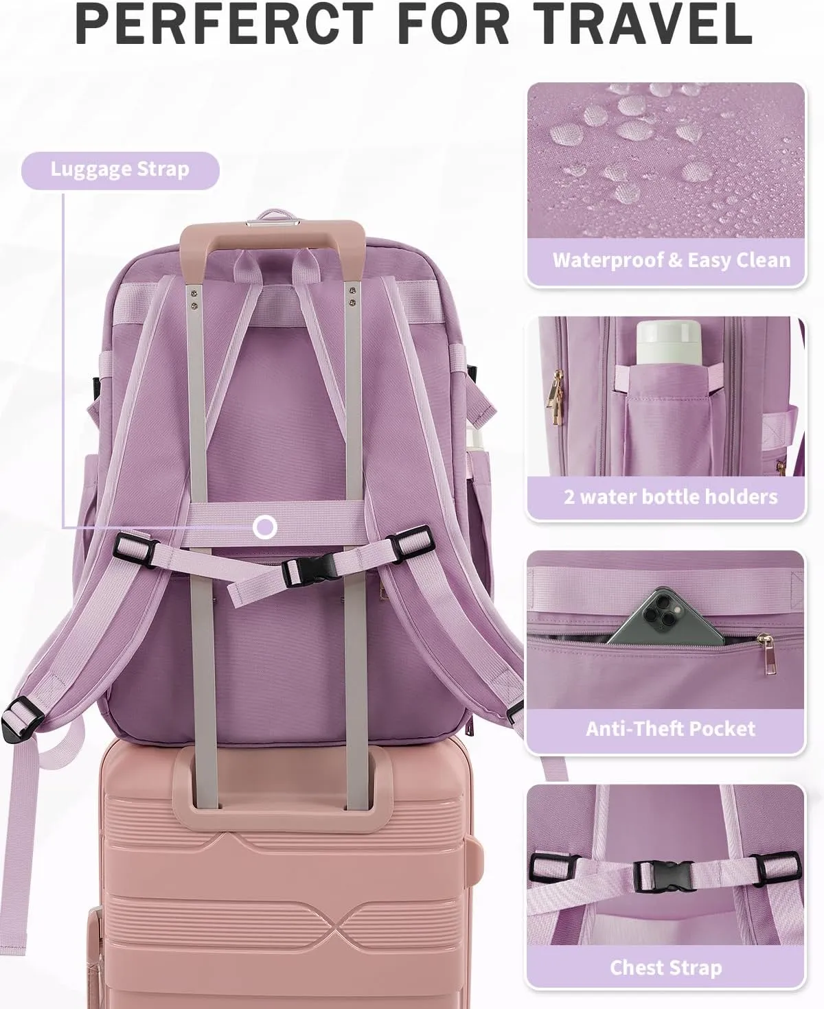 Travel Backpack for Women Men, 40L Carry on Flight Approved Backpack, Personal Item Travel Bag with Multi-Pockets, Waterproof Travel Bag Fits 17 Inch Laptop, Gift for Weekender, College, Work, Purple
