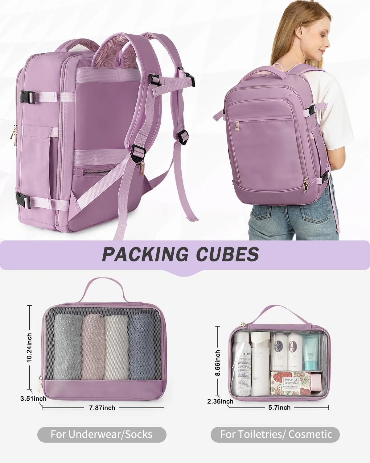 Travel Backpack for Women Men, 40L Carry on Flight Approved Backpack, Personal Item Travel Bag with Multi-Pockets, Waterproof Travel Bag Fits 17 Inch Laptop, Gift for Weekender, College, Work, Purple