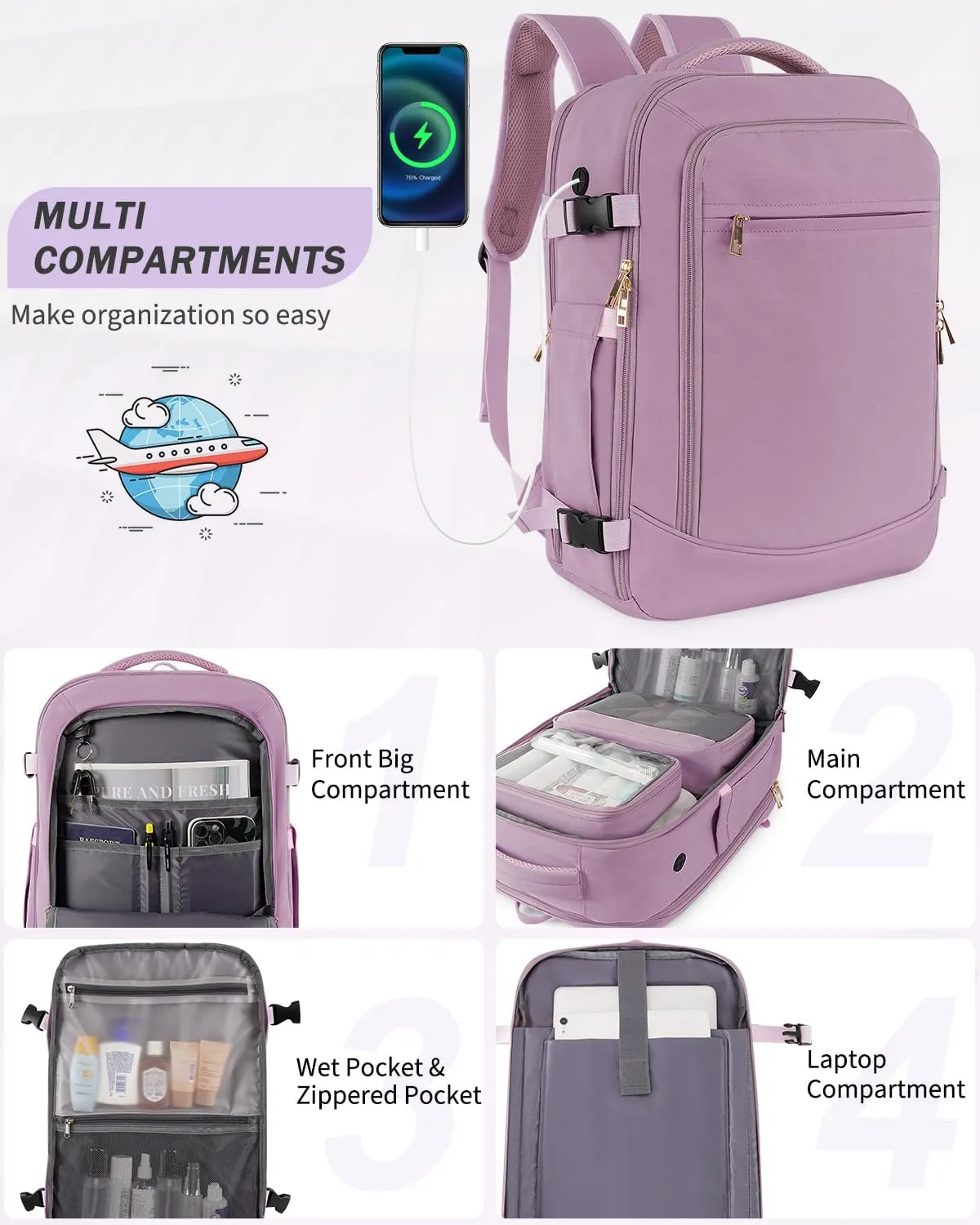 Travel Backpack for Women Men, 40L Carry on Flight Approved Backpack, Personal Item Travel Bag with Multi-Pockets, Waterproof Travel Bag Fits 17 Inch Laptop, Gift for Weekender, College, Work, Purple