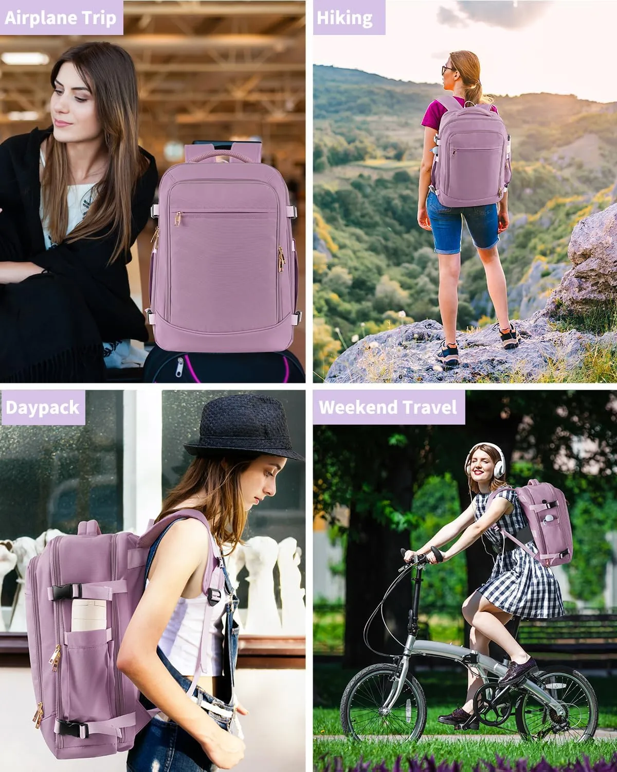 Travel Backpack for Women Men, 40L Carry on Flight Approved Backpack, Personal Item Travel Bag with Multi-Pockets, Waterproof Travel Bag Fits 17 Inch Laptop, Gift for Weekender, College, Work, Purple