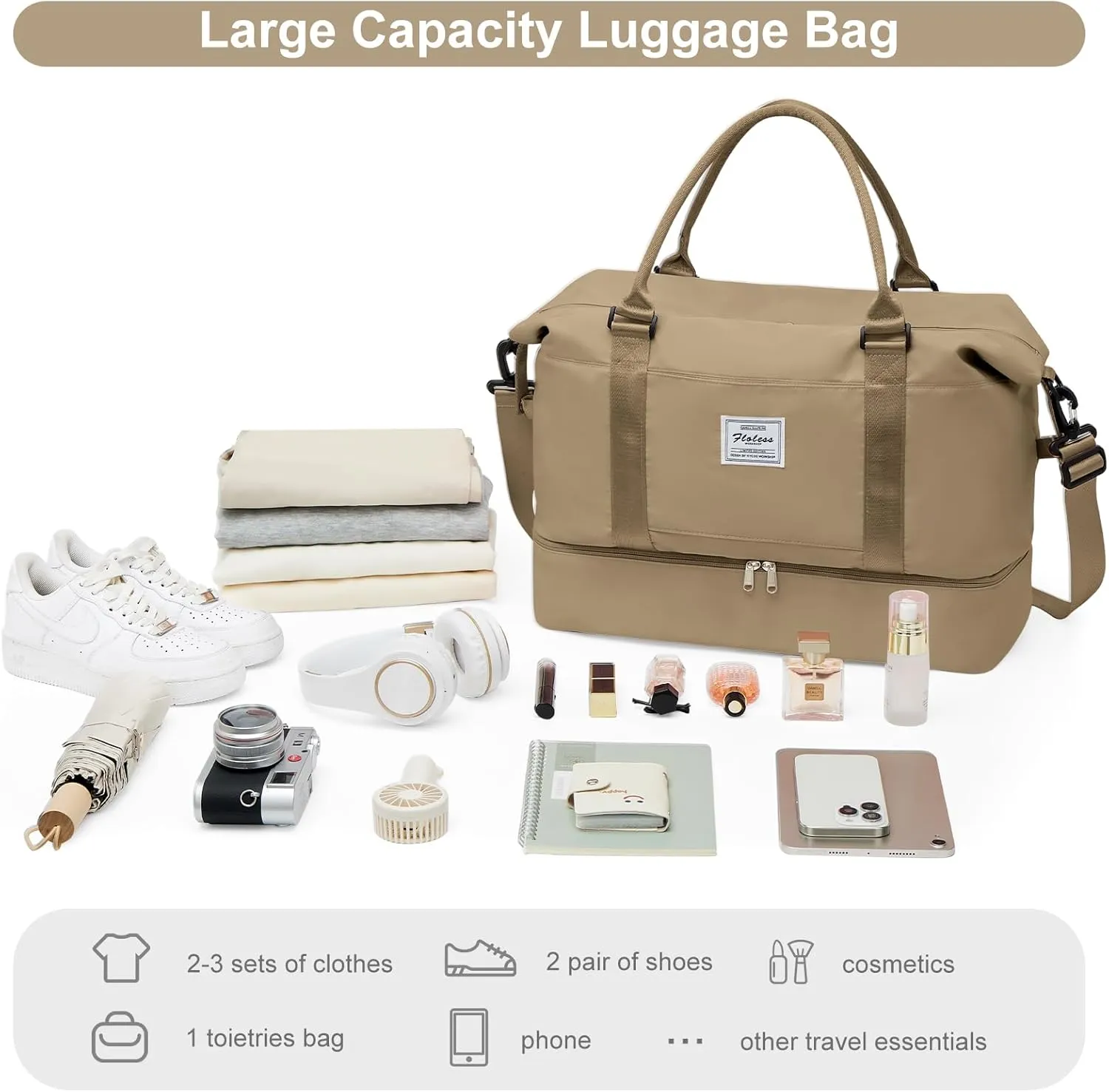 Travel Bag with Shoes Compartment,Weekender Bags for Women Travel,Carry On Duffel Overnight Bag with Trolley Sleeve & Wet Pocket,Travel tote Bag Sports Gym Bag