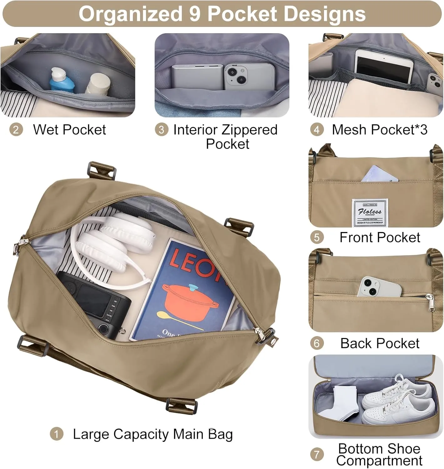 Travel Bag with Shoes Compartment,Weekender Bags for Women Travel,Carry On Duffel Overnight Bag with Trolley Sleeve & Wet Pocket,Travel tote Bag Sports Gym Bag