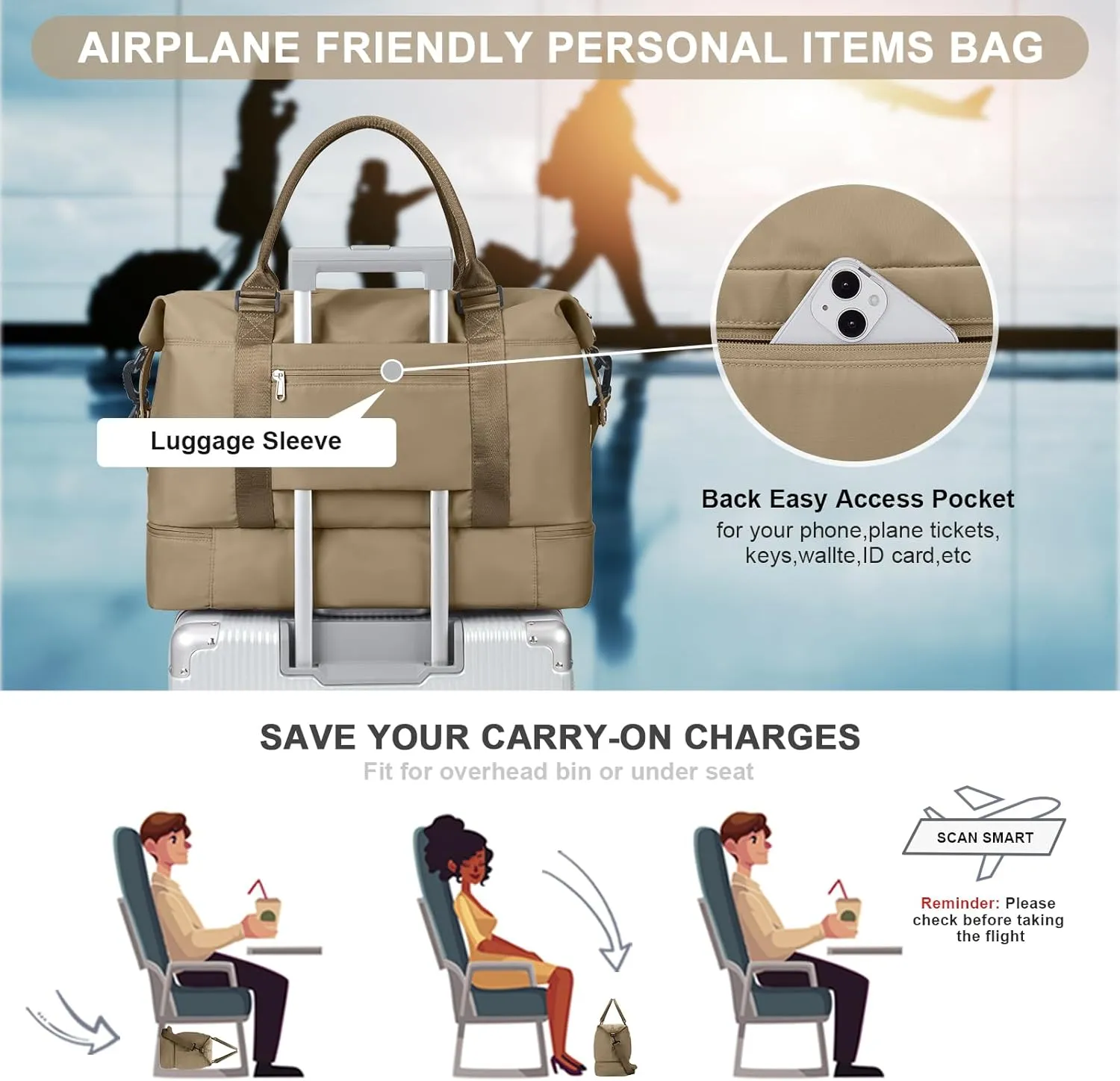 Travel Bag with Shoes Compartment,Weekender Bags for Women Travel,Carry On Duffel Overnight Bag with Trolley Sleeve & Wet Pocket,Travel tote Bag Sports Gym Bag