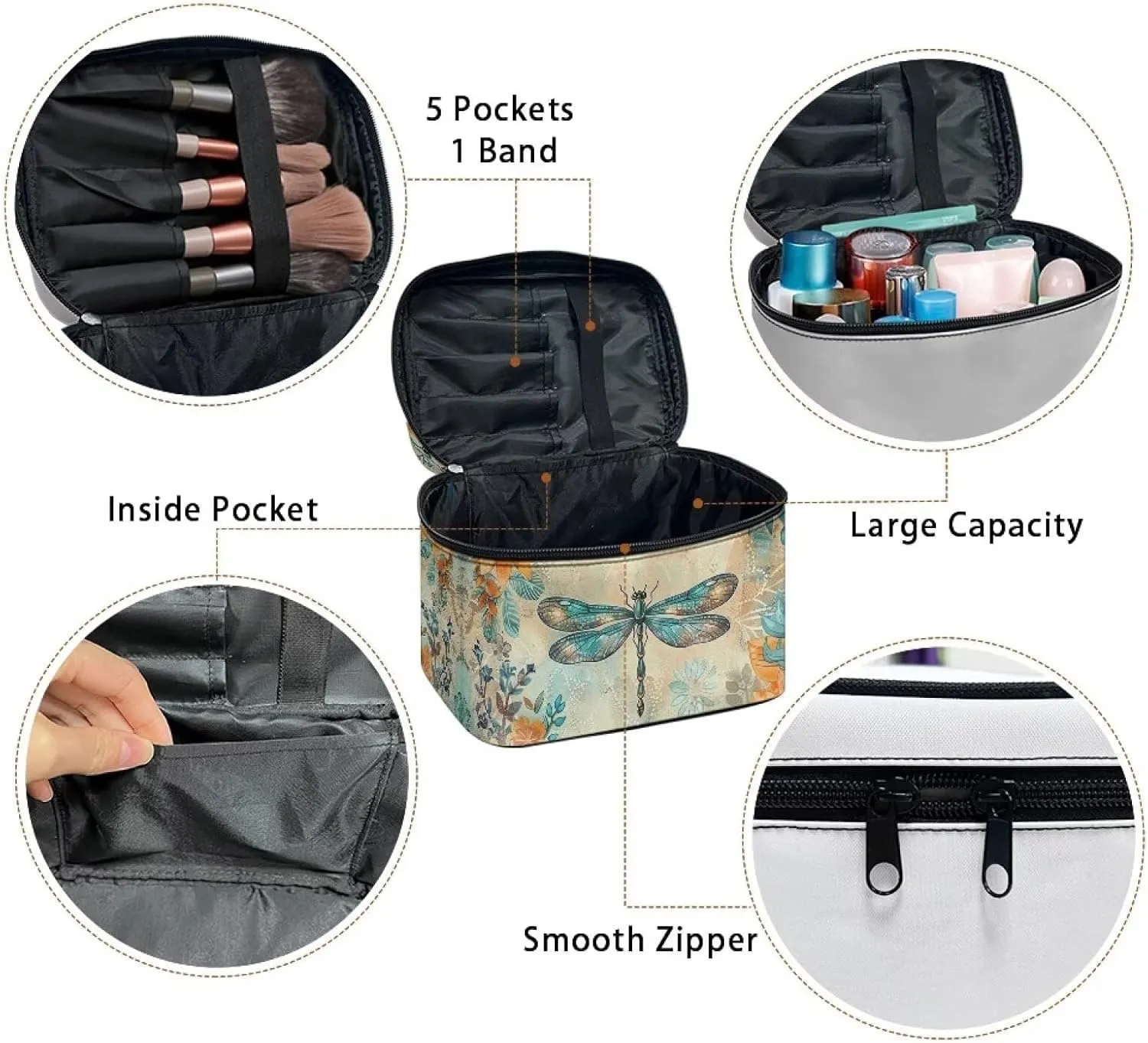 Travel Cosmetic Bags for Women Teen Girls Boho Dragonfly Makeup Case Organizer Large Capacity Toiletry Bag Make Up Bags with Zipper and Handle