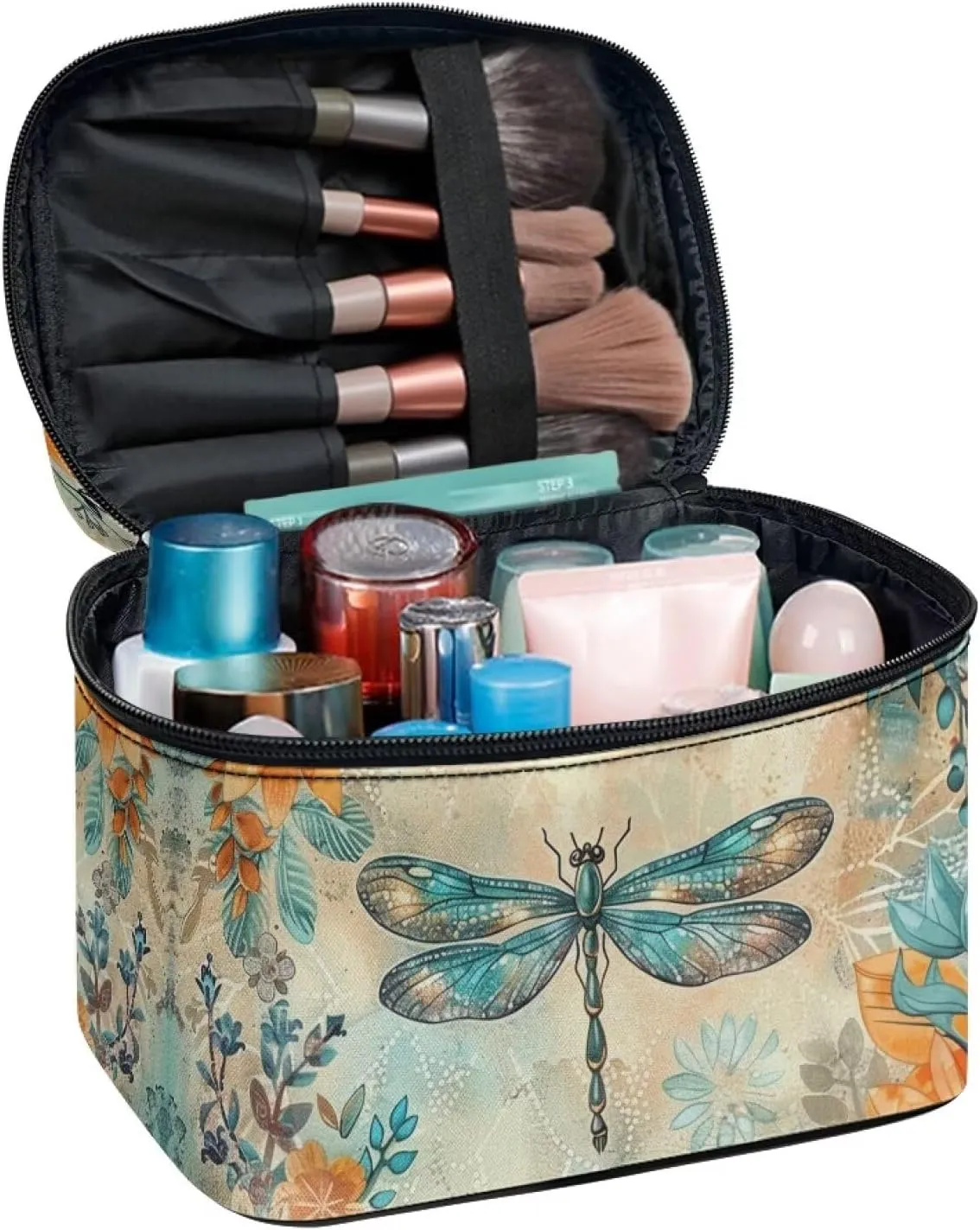 Travel Cosmetic Bags for Women Teen Girls Boho Dragonfly Makeup Case Organizer Large Capacity Toiletry Bag Make Up Bags with Zipper and Handle