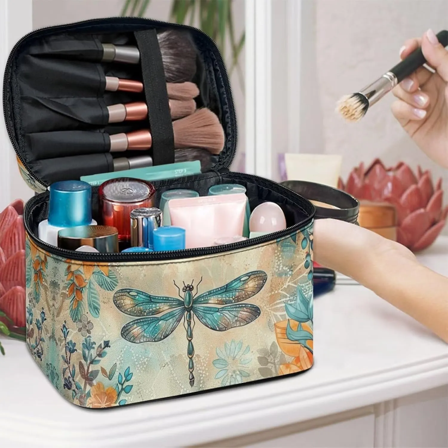 Travel Cosmetic Bags for Women Teen Girls Boho Dragonfly Makeup Case Organizer Large Capacity Toiletry Bag Make Up Bags with Zipper and Handle