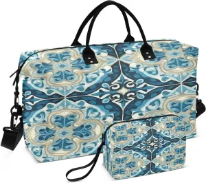 Travel Duffel Bag Large Weekender Overnight Bags for Women Men, Blue Tile Gym Bag with Toiletry Bag