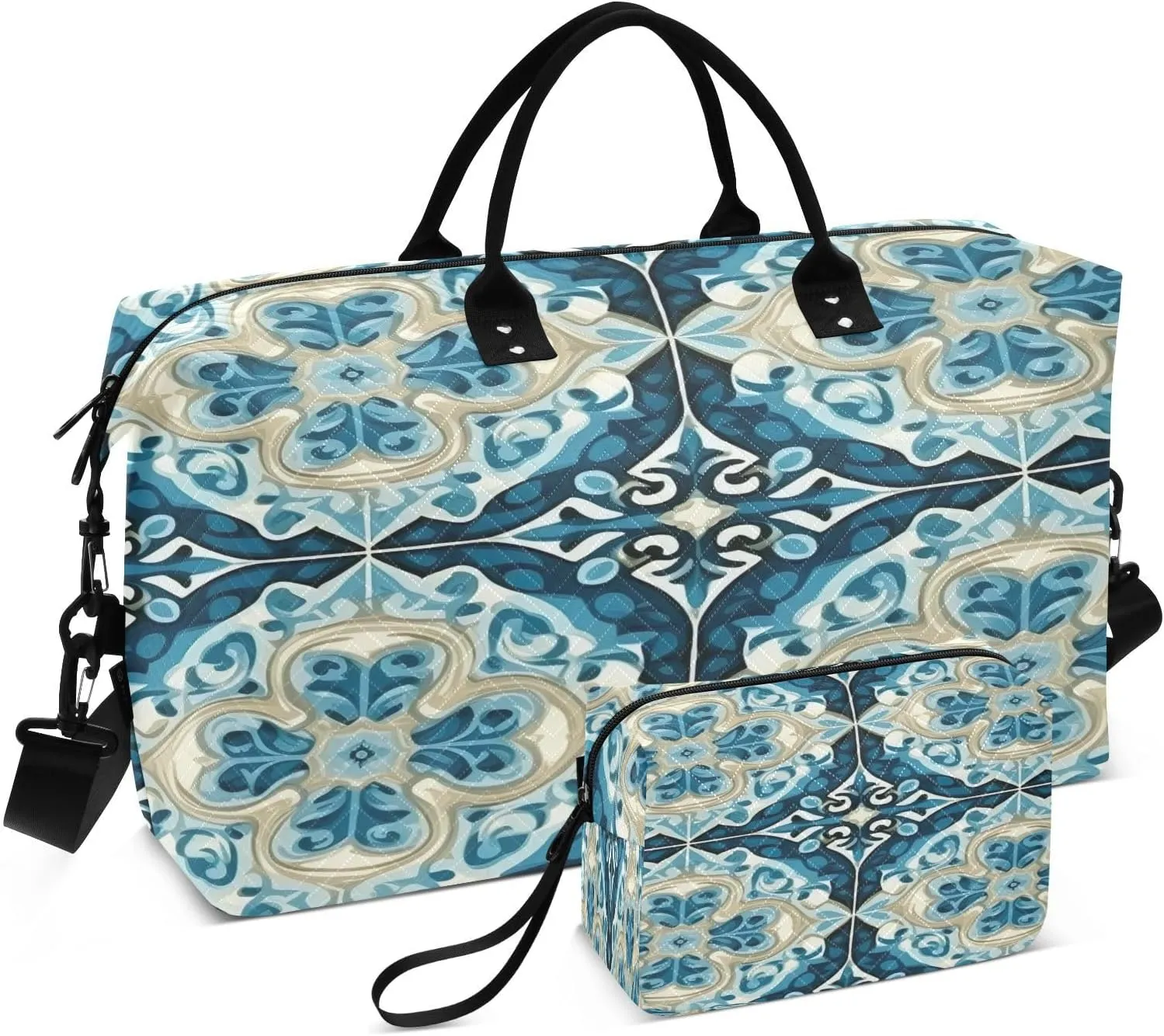 Travel Duffel Bag Large Weekender Overnight Bags for Women Men, Blue Tile Gym Bag with Toiletry Bag