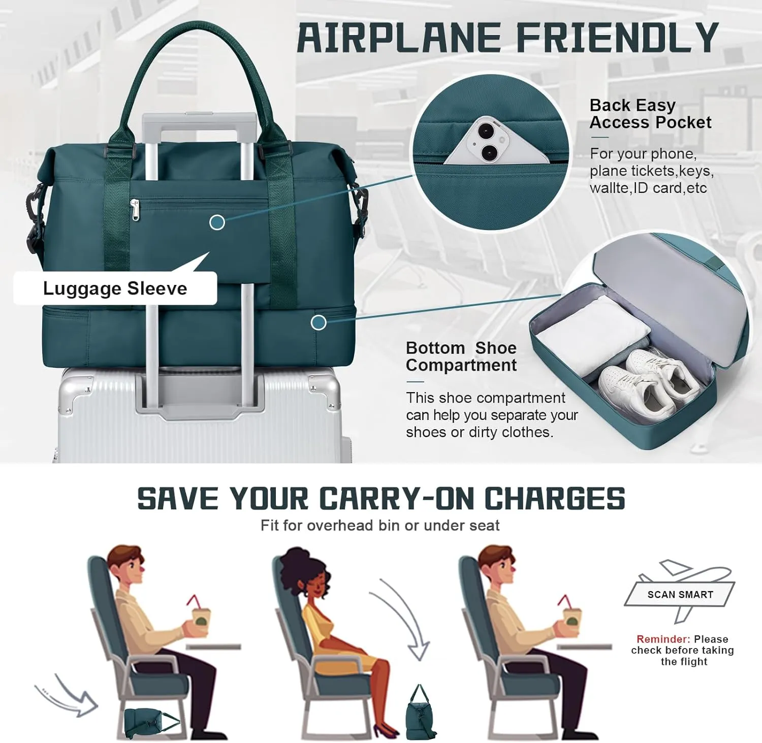 Travel Duffel Bag with Shoes Compartment, Overnight Weekender Bags for Women, Carry on Personal Item Travel Set