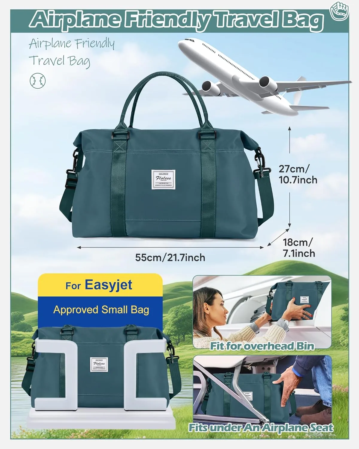 Travel Duffel Bags for Women Mens Waterproof Weekender Carry on Bag Sports Gym Bag Travel Tote Bags with Wet Pocket Overnight Bag Workout Duffel Bags with Trolley Sleeve Peacock Blue
