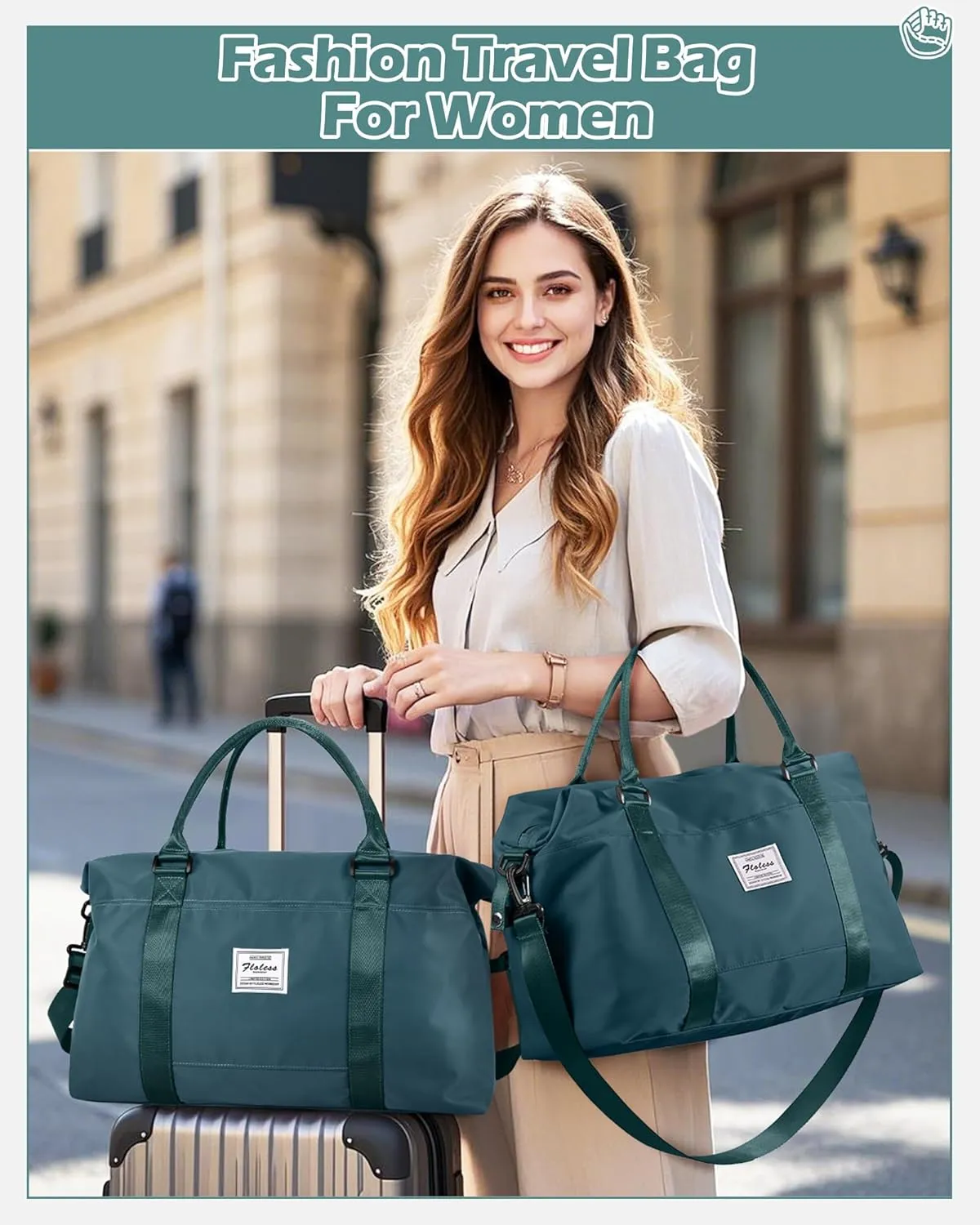 Travel Duffel Bags for Women Mens Waterproof Weekender Carry on Bag Sports Gym Bag Travel Tote Bags with Wet Pocket Overnight Bag Workout Duffel Bags with Trolley Sleeve Peacock Blue