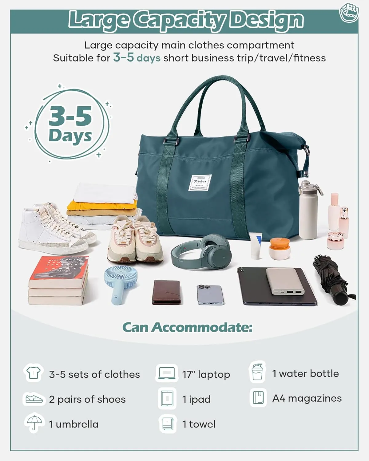 Travel Duffel Bags for Women Mens Waterproof Weekender Carry on Bag Sports Gym Bag Travel Tote Bags with Wet Pocket Overnight Bag Workout Duffel Bags with Trolley Sleeve Peacock Blue
