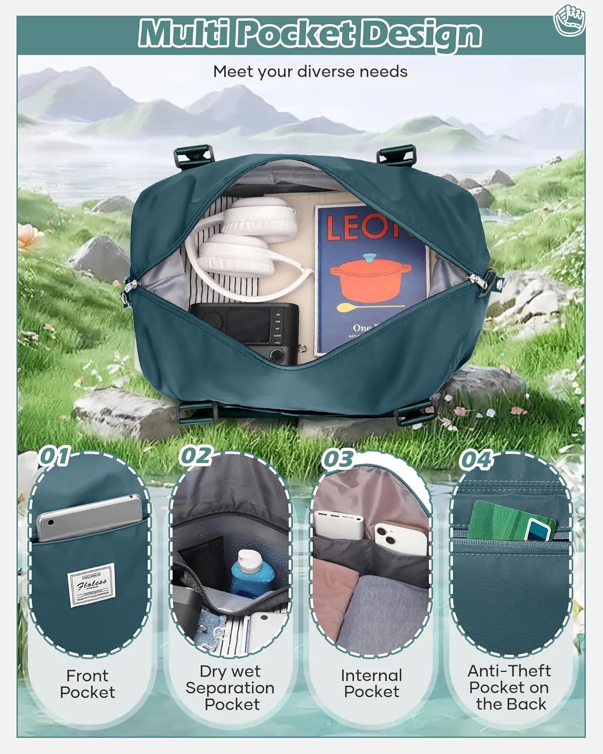 Travel Duffel Bags for Women Mens Waterproof Weekender Carry on Bag Sports Gym Bag Travel Tote Bags with Wet Pocket Overnight Bag Workout Duffel Bags with Trolley Sleeve Peacock Blue