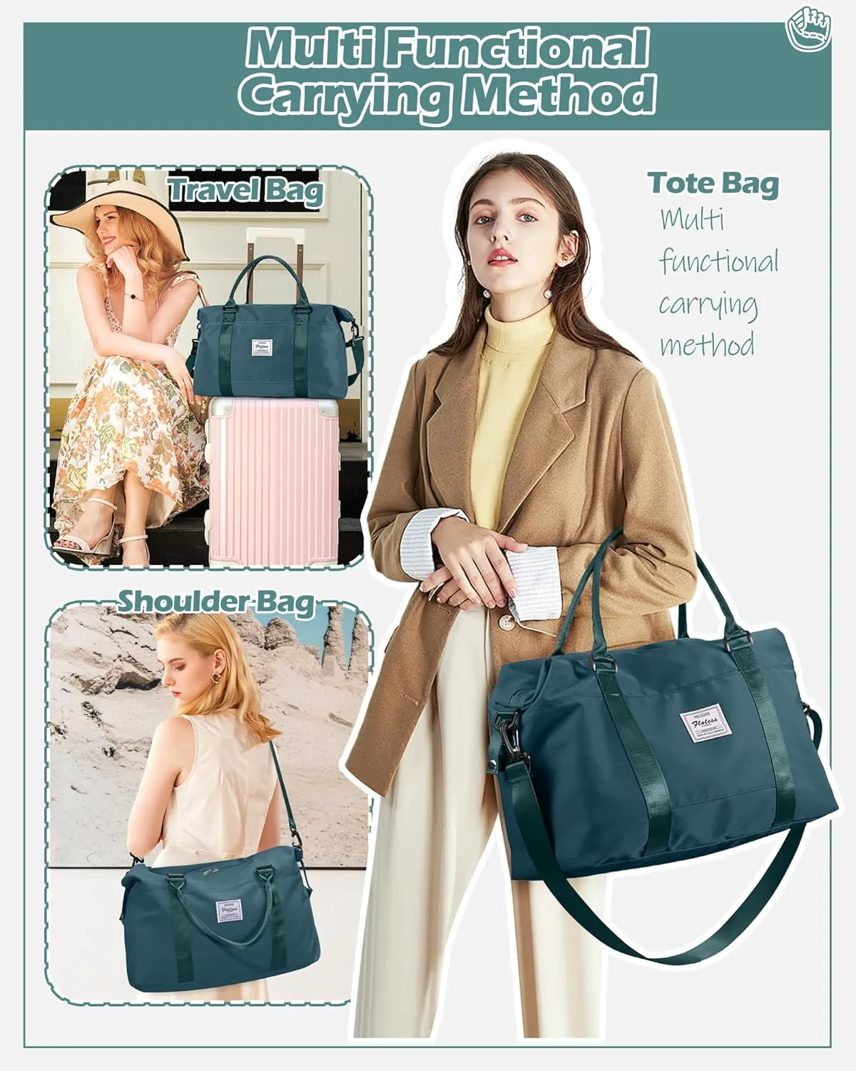 Travel Duffel Bags for Women Mens Waterproof Weekender Carry on Bag Sports Gym Bag Travel Tote Bags with Wet Pocket Overnight Bag Workout Duffel Bags with Trolley Sleeve Peacock Blue
