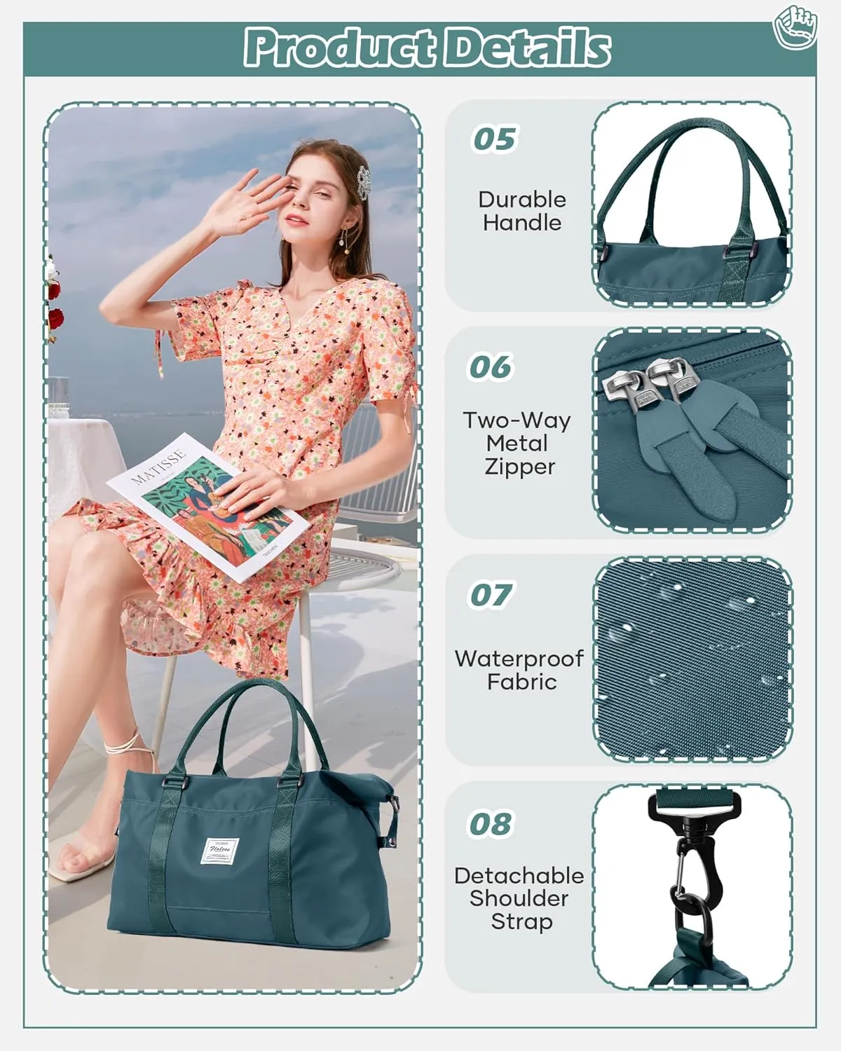 Travel Duffel Bags for Women Mens Waterproof Weekender Carry on Bag Sports Gym Bag Travel Tote Bags with Wet Pocket Overnight Bag Workout Duffel Bags with Trolley Sleeve Peacock Blue
