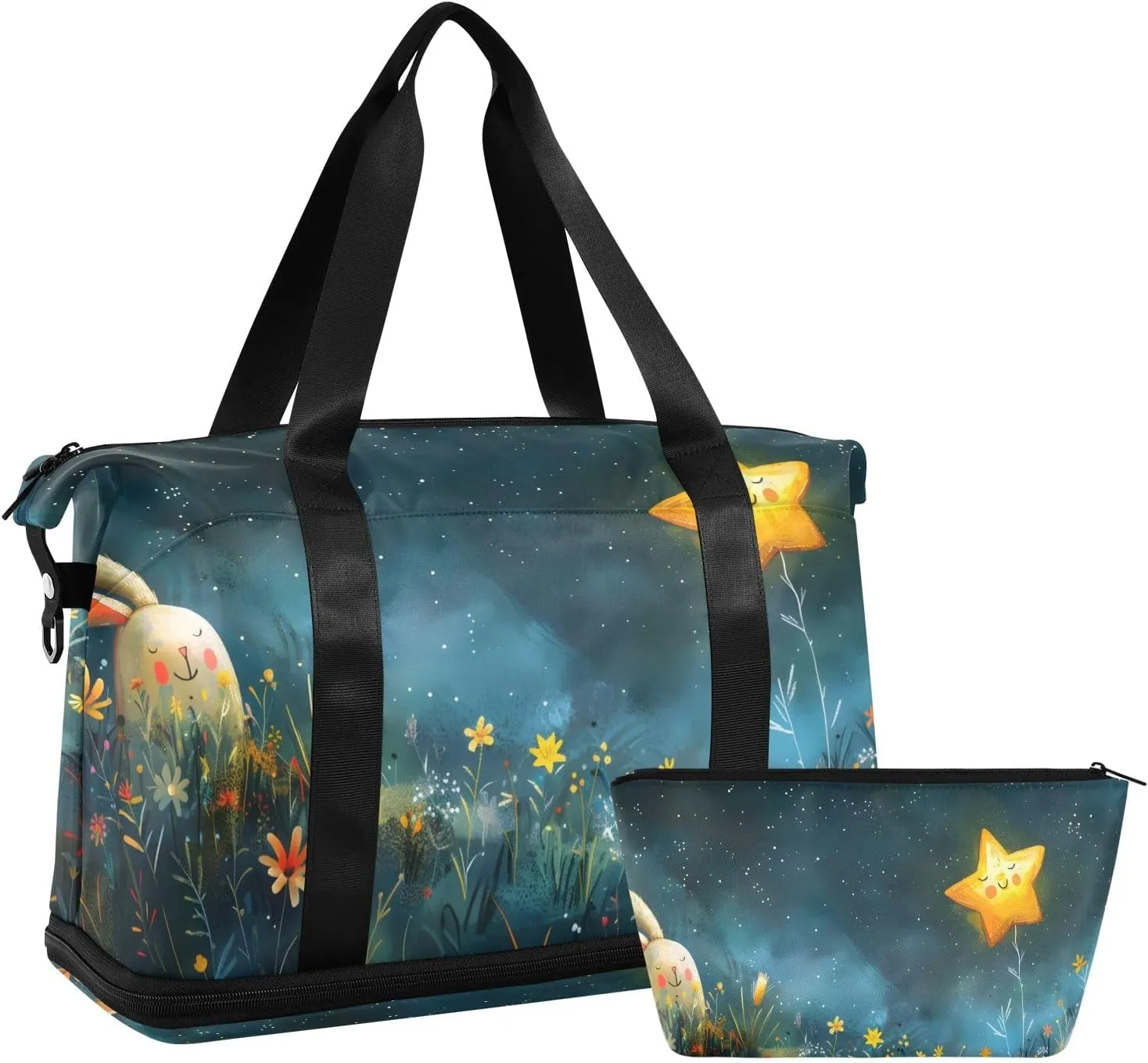 Travel Duffel Gym Sports Luggage Bag Expandable Large Capacity Stars Gardens Rabbits Sports Bag for Women and Men