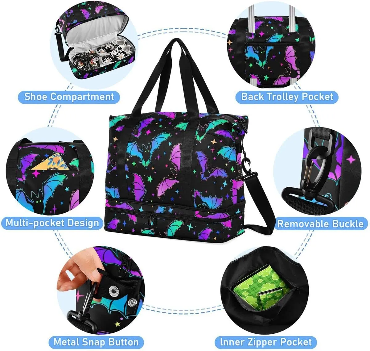 Travel Duffel Tote Bag Halloween Luminous Bats Sports Duffel Bag with Wet Pocket Weekender Overnight Bag for Women Men Gym Bag, Carry On Bag Hospital Bag for Labor and Delivery
