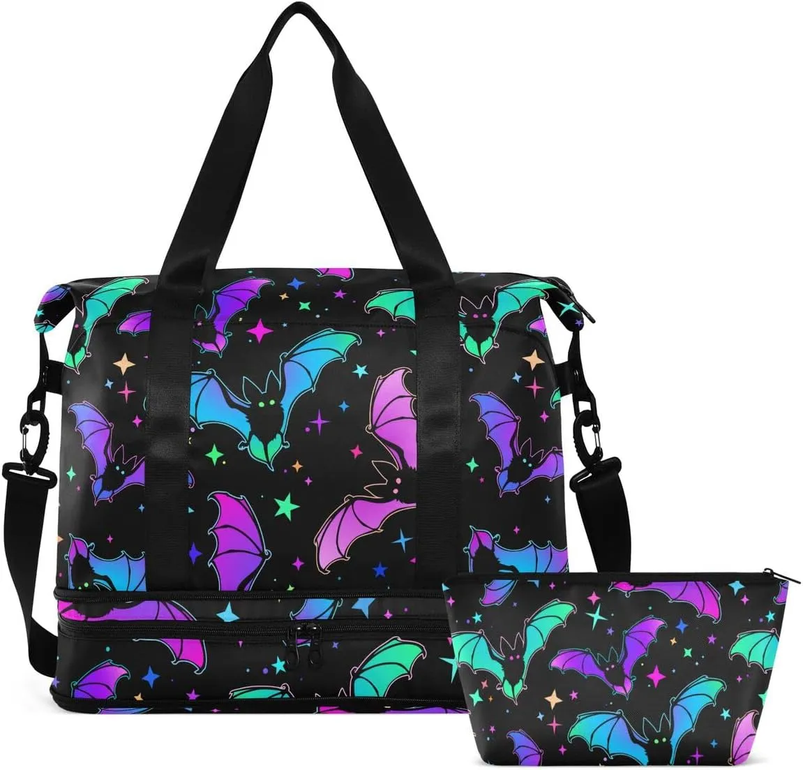 Travel Duffel Tote Bag Halloween Luminous Bats Sports Duffel Bag with Wet Pocket Weekender Overnight Bag for Women Men Gym Bag, Carry On Bag Hospital Bag for Labor and Delivery