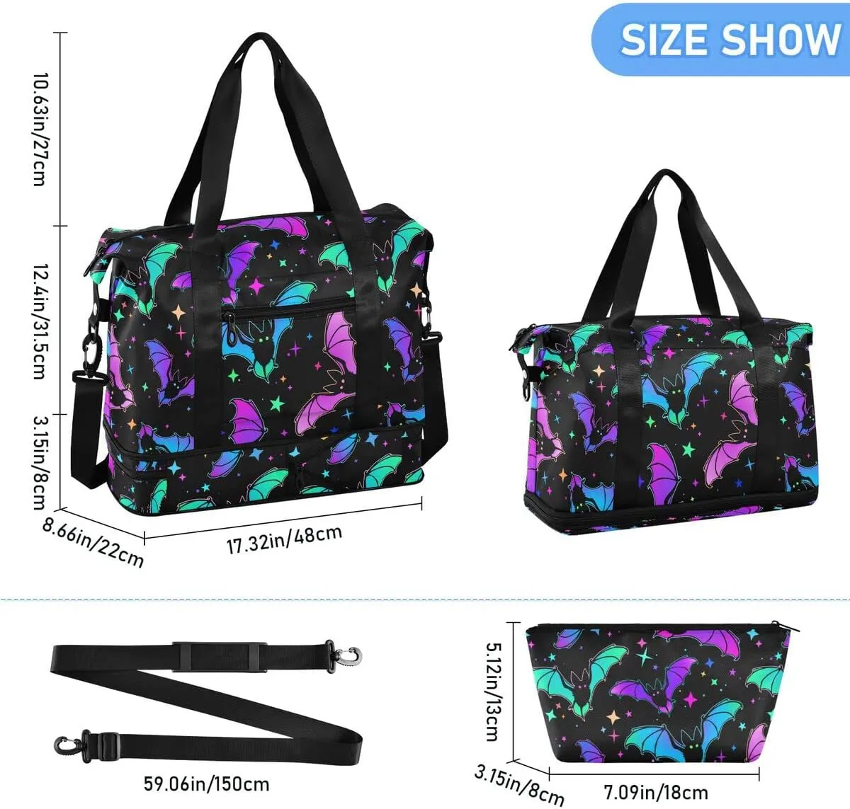 Travel Duffel Tote Bag Halloween Luminous Bats Sports Duffel Bag with Wet Pocket Weekender Overnight Bag for Women Men Gym Bag, Carry On Bag Hospital Bag for Labor and Delivery
