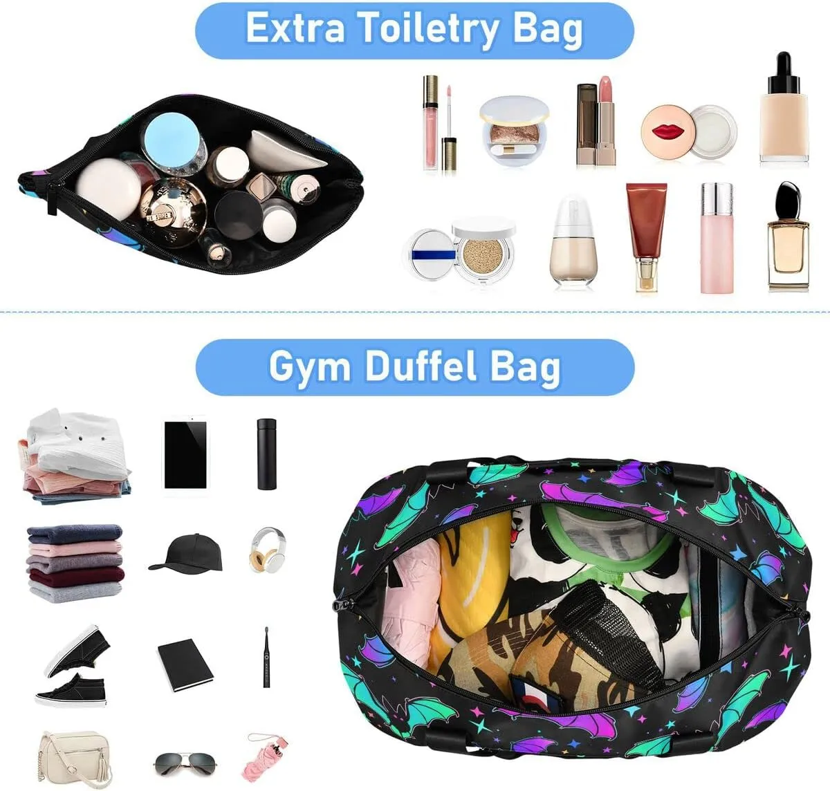 Travel Duffel Tote Bag Halloween Luminous Bats Sports Duffel Bag with Wet Pocket Weekender Overnight Bag for Women Men Gym Bag, Carry On Bag Hospital Bag for Labor and Delivery