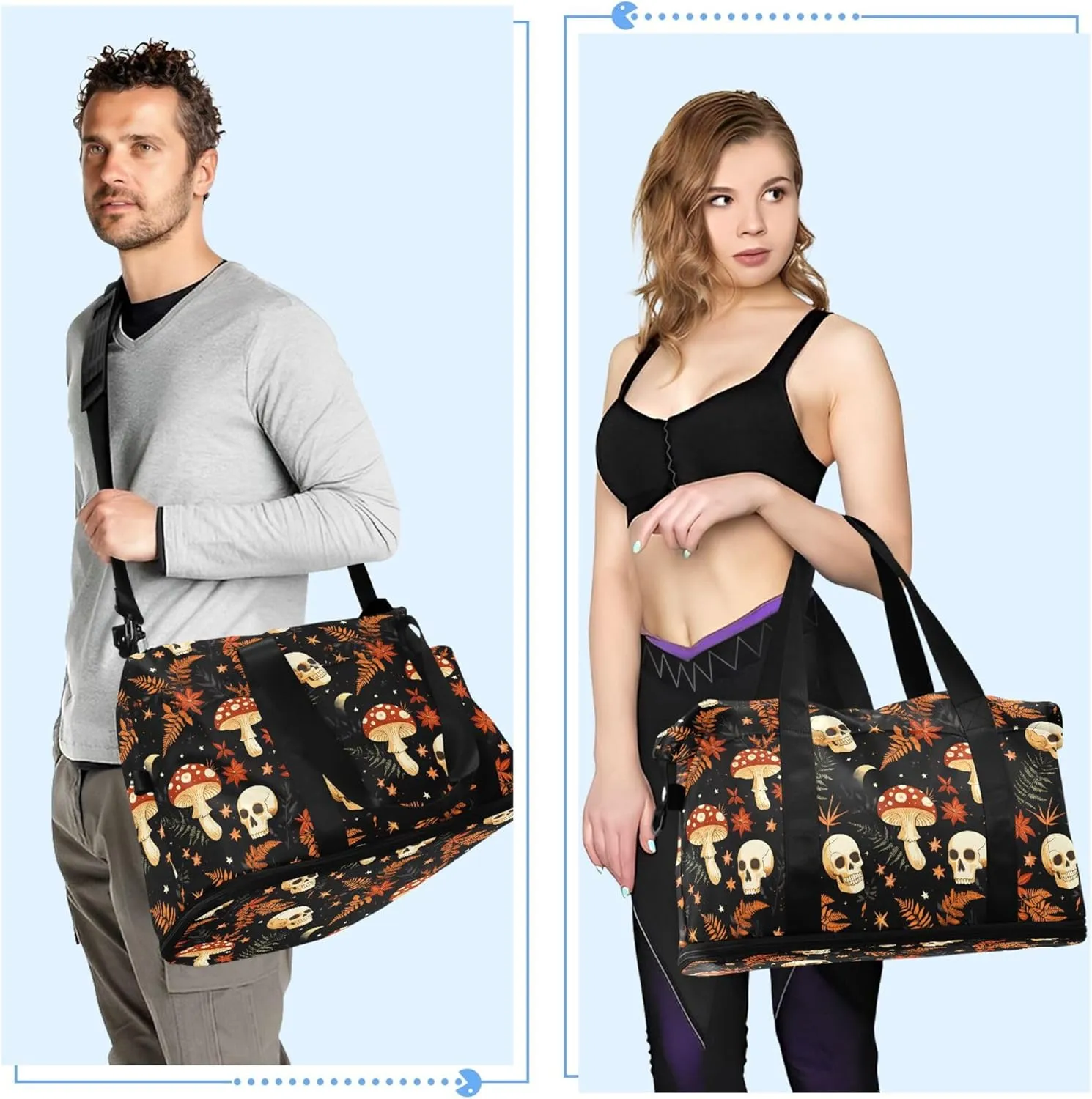 Travel Duffel Tote Bag Mushrooms Skull Sports Duffel Bag with Wet Pocket Weekender Overnight Bag for Women Men Gym Bag, Carry On Bag Hospital Bag for Labor and Delivery