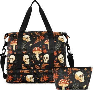 Travel Duffel Tote Bag Mushrooms Skull Sports Duffel Bag with Wet Pocket Weekender Overnight Bag for Women Men Gym Bag, Carry On Bag Hospital Bag for Labor and Delivery