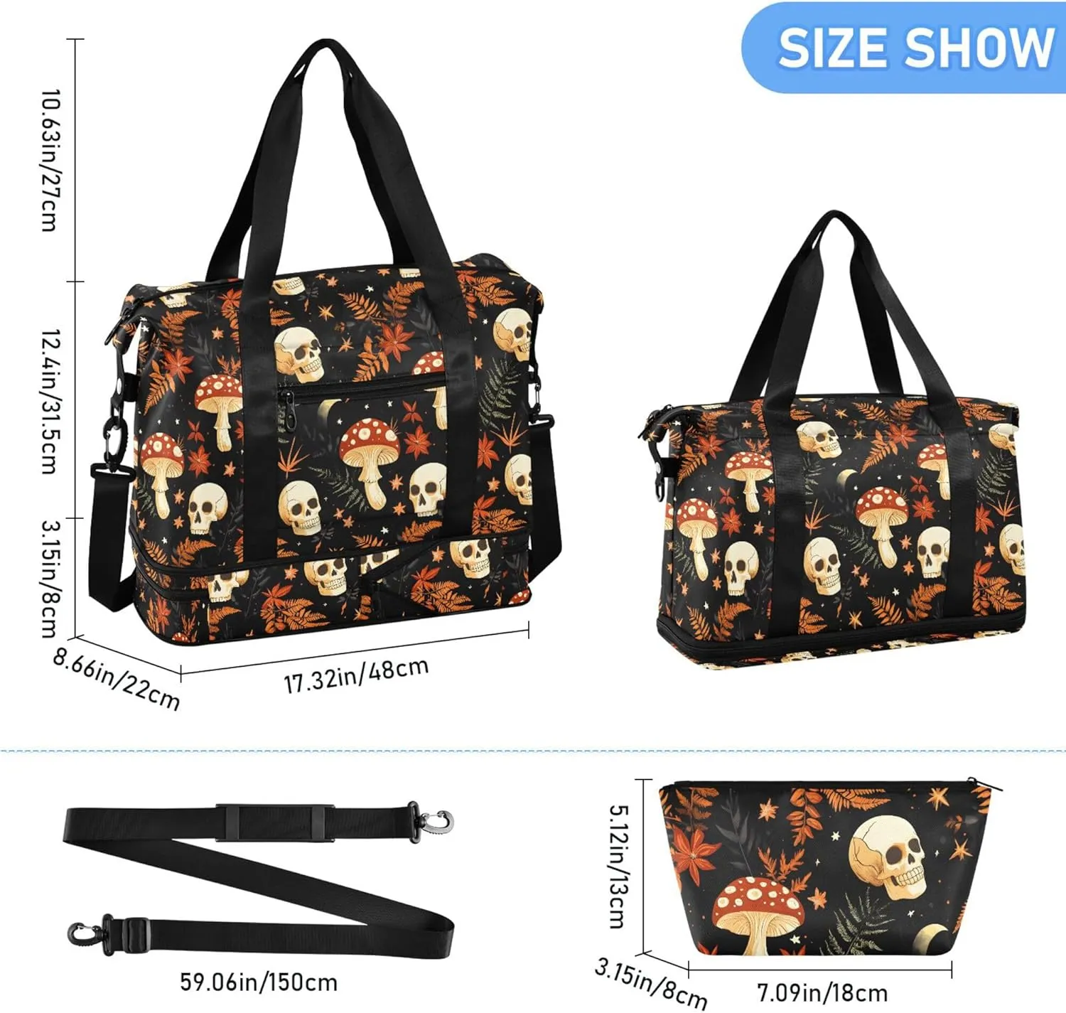 Travel Duffel Tote Bag Mushrooms Skull Sports Duffel Bag with Wet Pocket Weekender Overnight Bag for Women Men Gym Bag, Carry On Bag Hospital Bag for Labor and Delivery