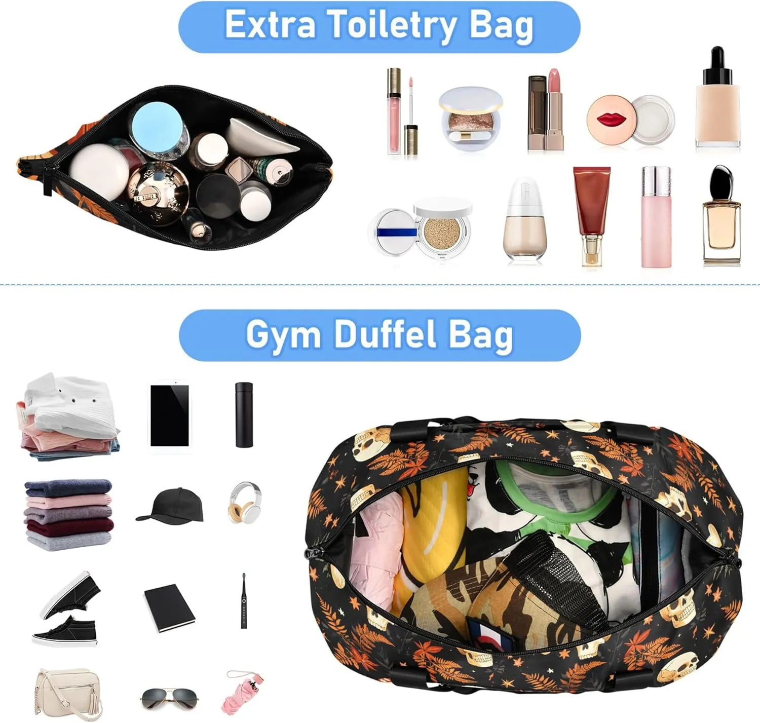 Travel Duffel Tote Bag Mushrooms Skull Sports Duffel Bag with Wet Pocket Weekender Overnight Bag for Women Men Gym Bag, Carry On Bag Hospital Bag for Labor and Delivery