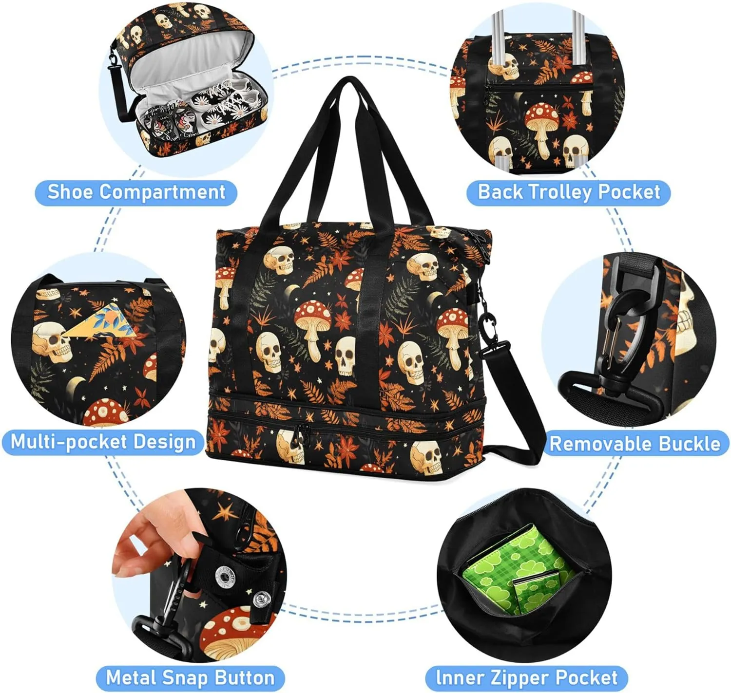 Travel Duffel Tote Bag Mushrooms Skull Sports Duffel Bag with Wet Pocket Weekender Overnight Bag for Women Men Gym Bag, Carry On Bag Hospital Bag for Labor and Delivery