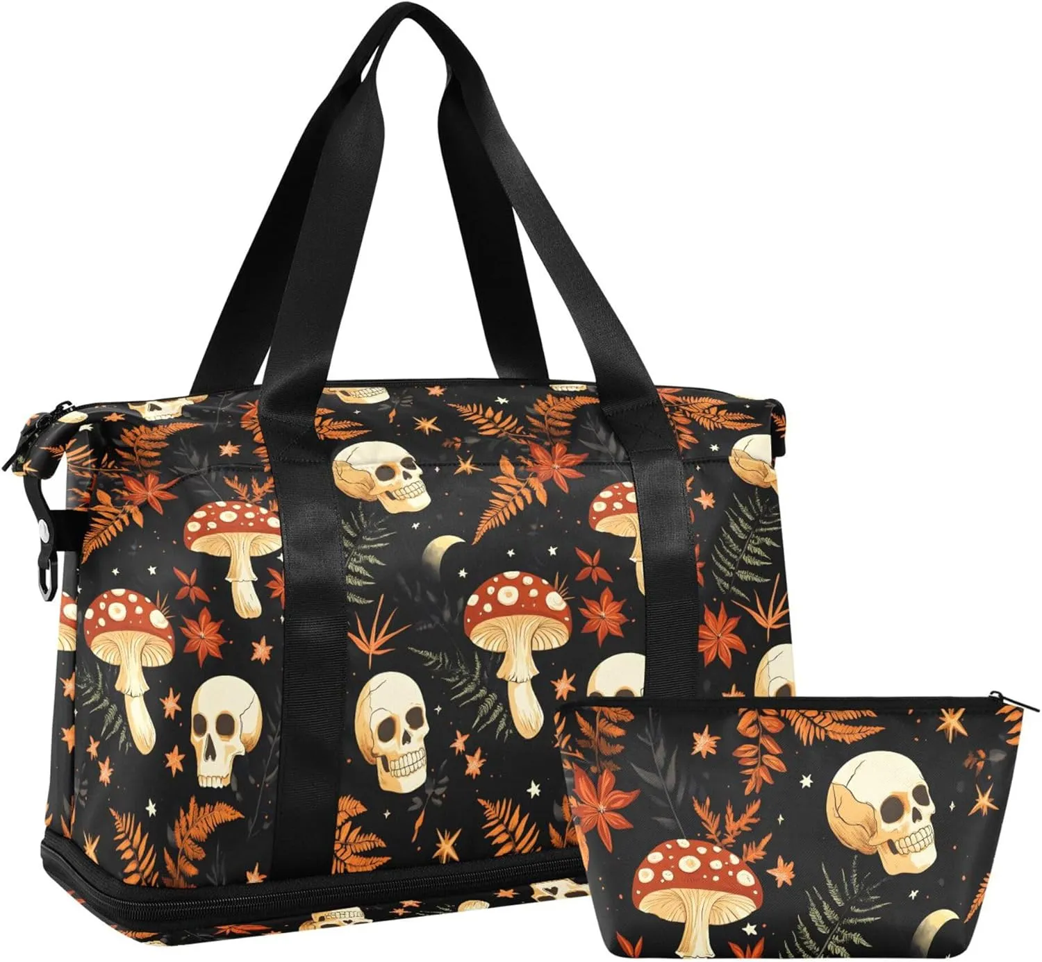 Travel Duffel Tote Bag Mushrooms Skull Sports Duffel Bag with Wet Pocket Weekender Overnight Bag for Women Men Gym Bag, Carry On Bag Hospital Bag for Labor and Delivery