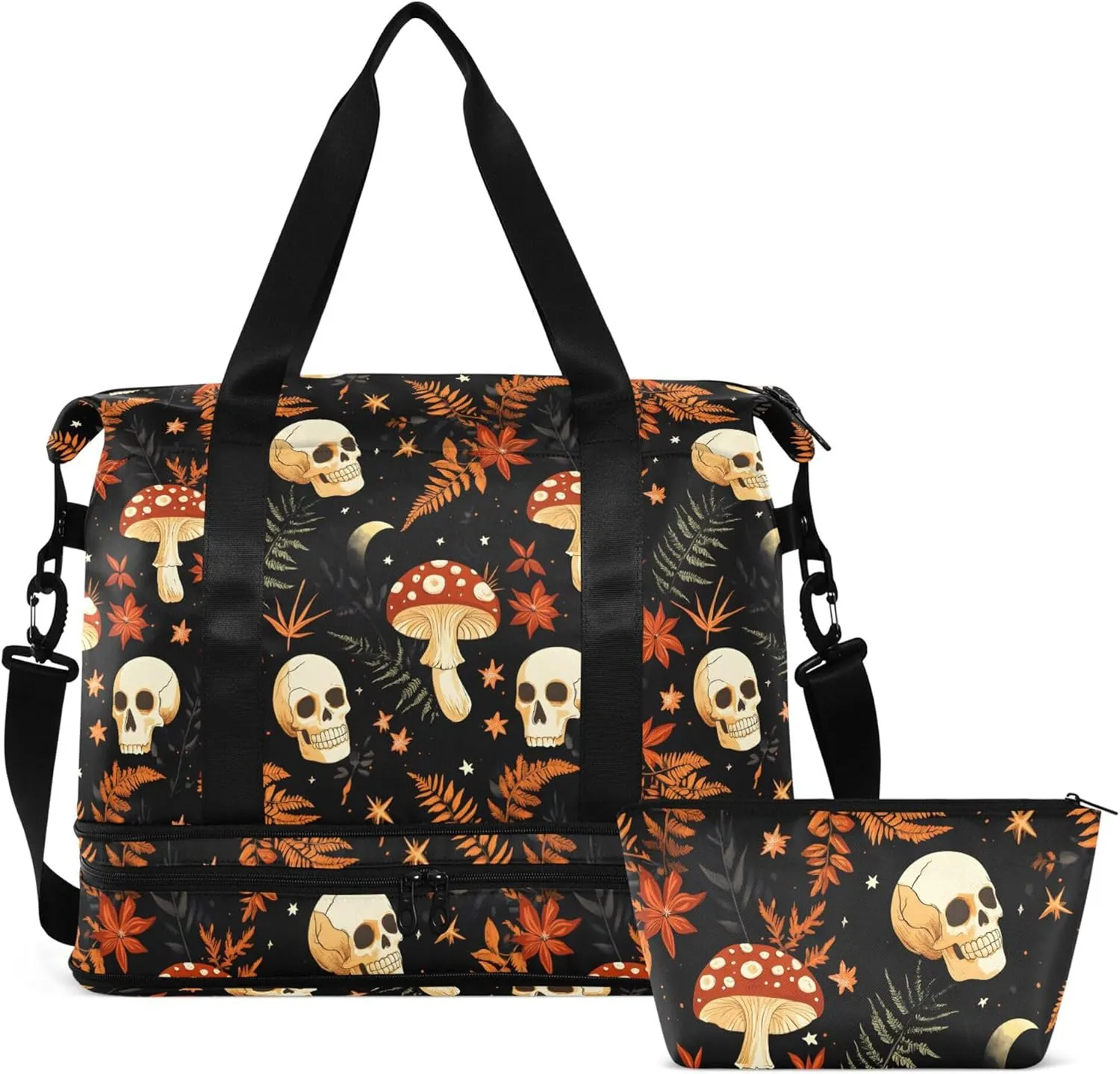 Travel Duffel Tote Bag Mushrooms Skull Sports Duffel Bag with Wet Pocket Weekender Overnight Bag for Women Men Gym Bag, Carry On Bag Hospital Bag for Labor and Delivery