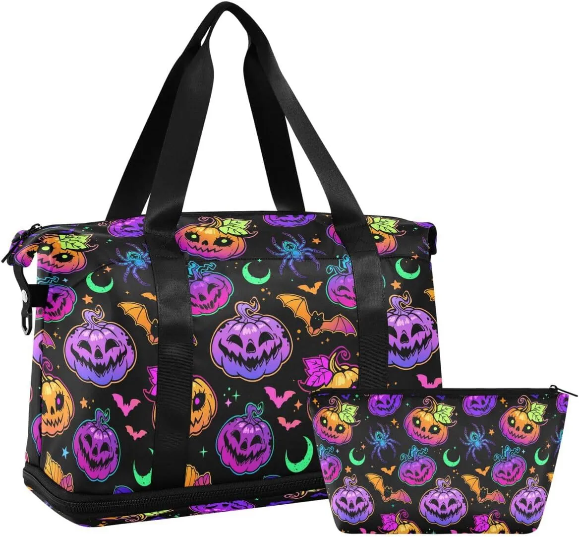 Travel Duffel Tote Bright Halloween Pumpkin Sports Bag With Wet Pocket - Weekender Overnight for Women Men Gym, Carry On, Hospital for Labor and Delivery