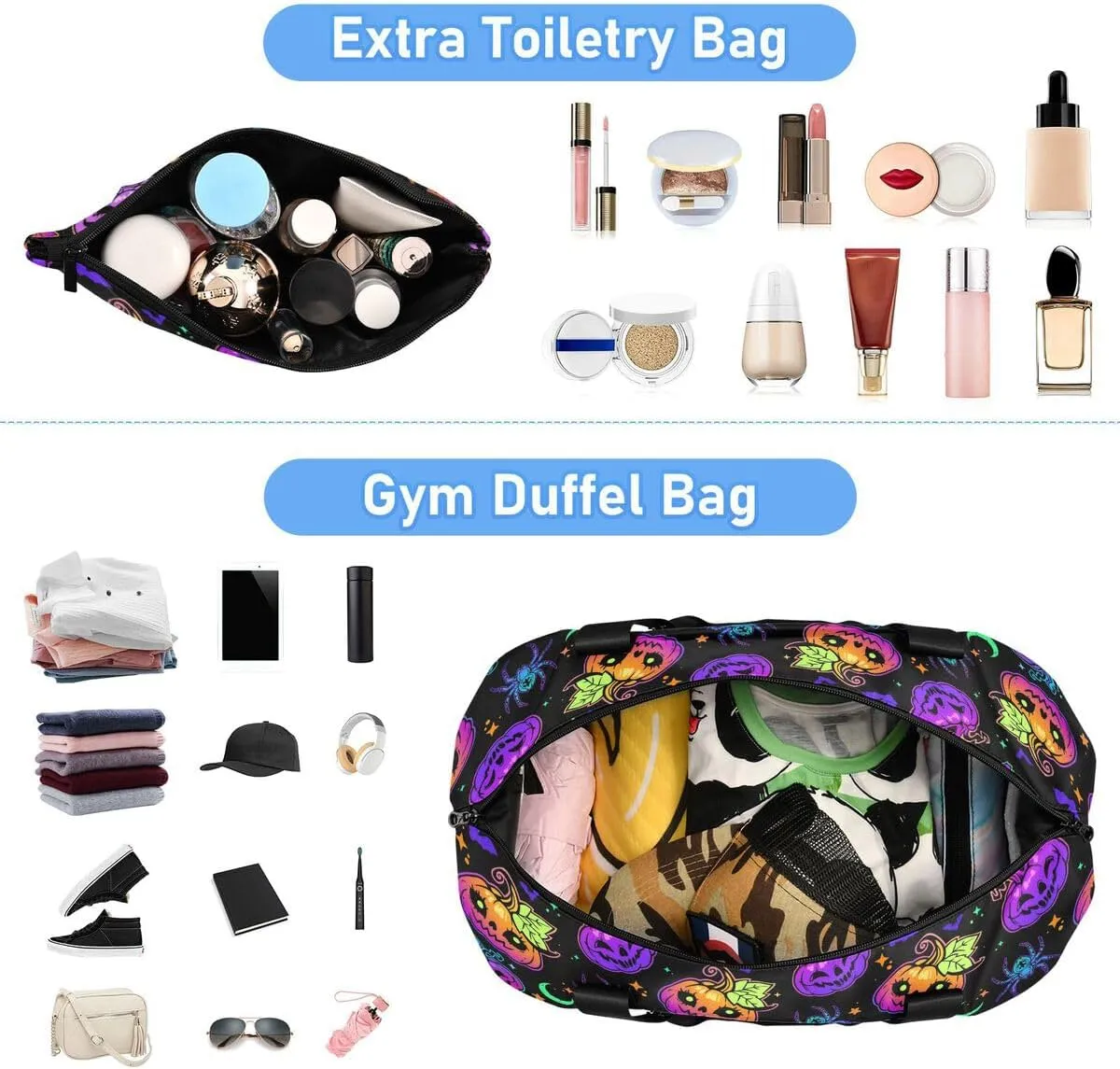 Travel Duffel Tote Bright Halloween Pumpkin Sports Bag With Wet Pocket - Weekender Overnight for Women Men Gym, Carry On, Hospital for Labor and Delivery
