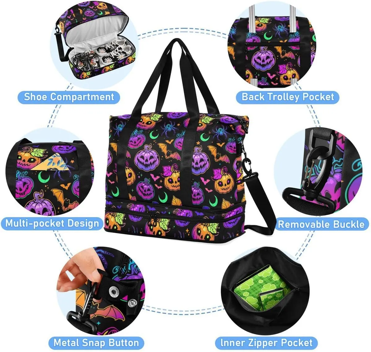 Travel Duffel Tote Bright Halloween Pumpkin Sports Bag With Wet Pocket - Weekender Overnight for Women Men Gym, Carry On, Hospital for Labor and Delivery