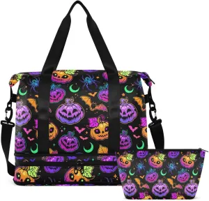 Travel Duffel Tote Bright Halloween Pumpkin Sports Bag With Wet Pocket - Weekender Overnight for Women Men Gym, Carry On, Hospital for Labor and Delivery