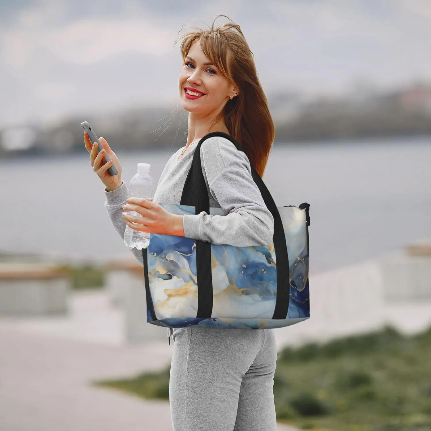 Travel Duffle Bag Blue White Marble Texture Weekender Overnight Bags Luggage Bag for Women Men Waterproof Sports Gym Bag Hand Bag with Shoulder Strap