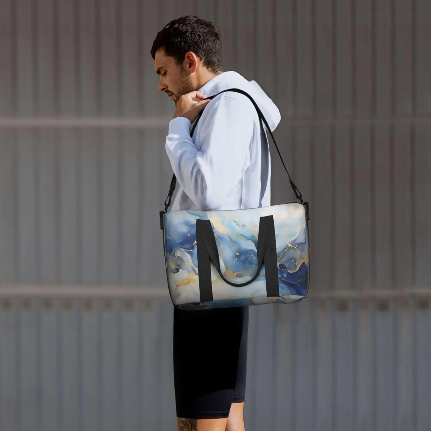 Travel Duffle Bag Blue White Marble Texture Weekender Overnight Bags Luggage Bag for Women Men Waterproof Sports Gym Bag Hand Bag with Shoulder Strap