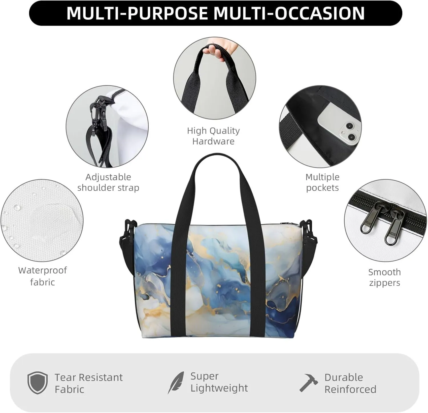 Travel Duffle Bag Blue White Marble Texture Weekender Overnight Bags Luggage Bag for Women Men Waterproof Sports Gym Bag Hand Bag with Shoulder Strap