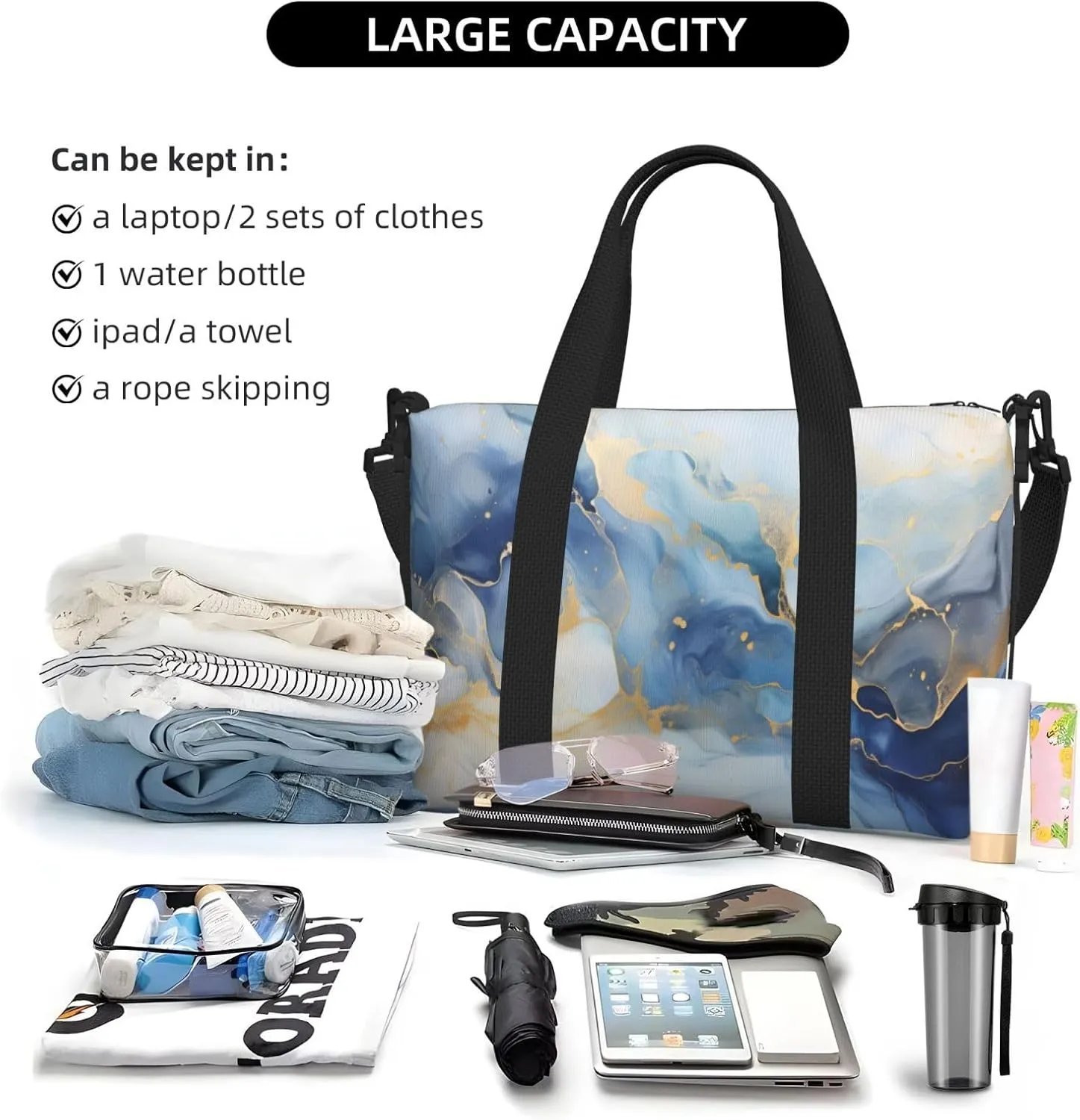 Travel Duffle Bag Blue White Marble Texture Weekender Overnight Bags Luggage Bag for Women Men Waterproof Sports Gym Bag Hand Bag with Shoulder Strap