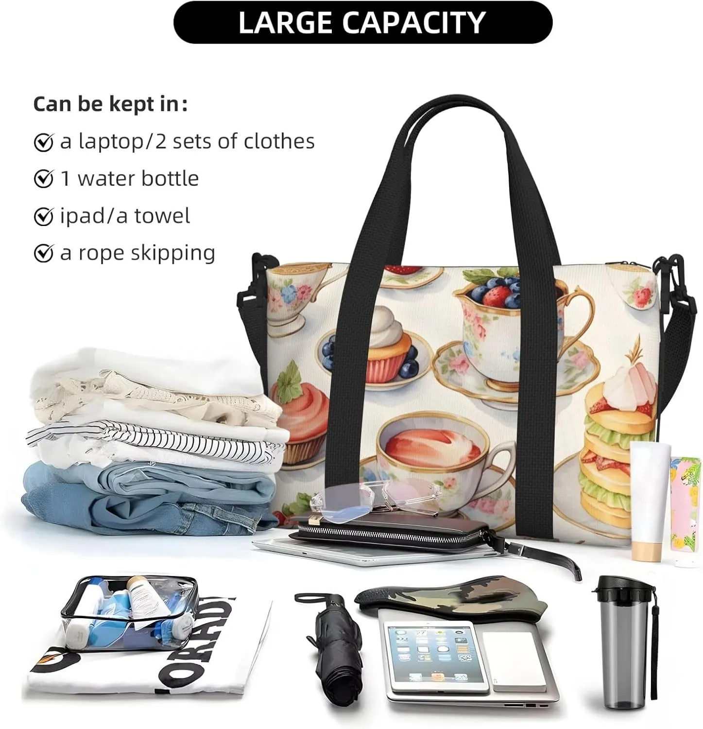 Travel Duffle Bag Coffee Cake Food Weekender Overnight Bags Luggage Bag for Women Men Waterproof Sports Gym Bag Hand Bag with Shoulder Strap